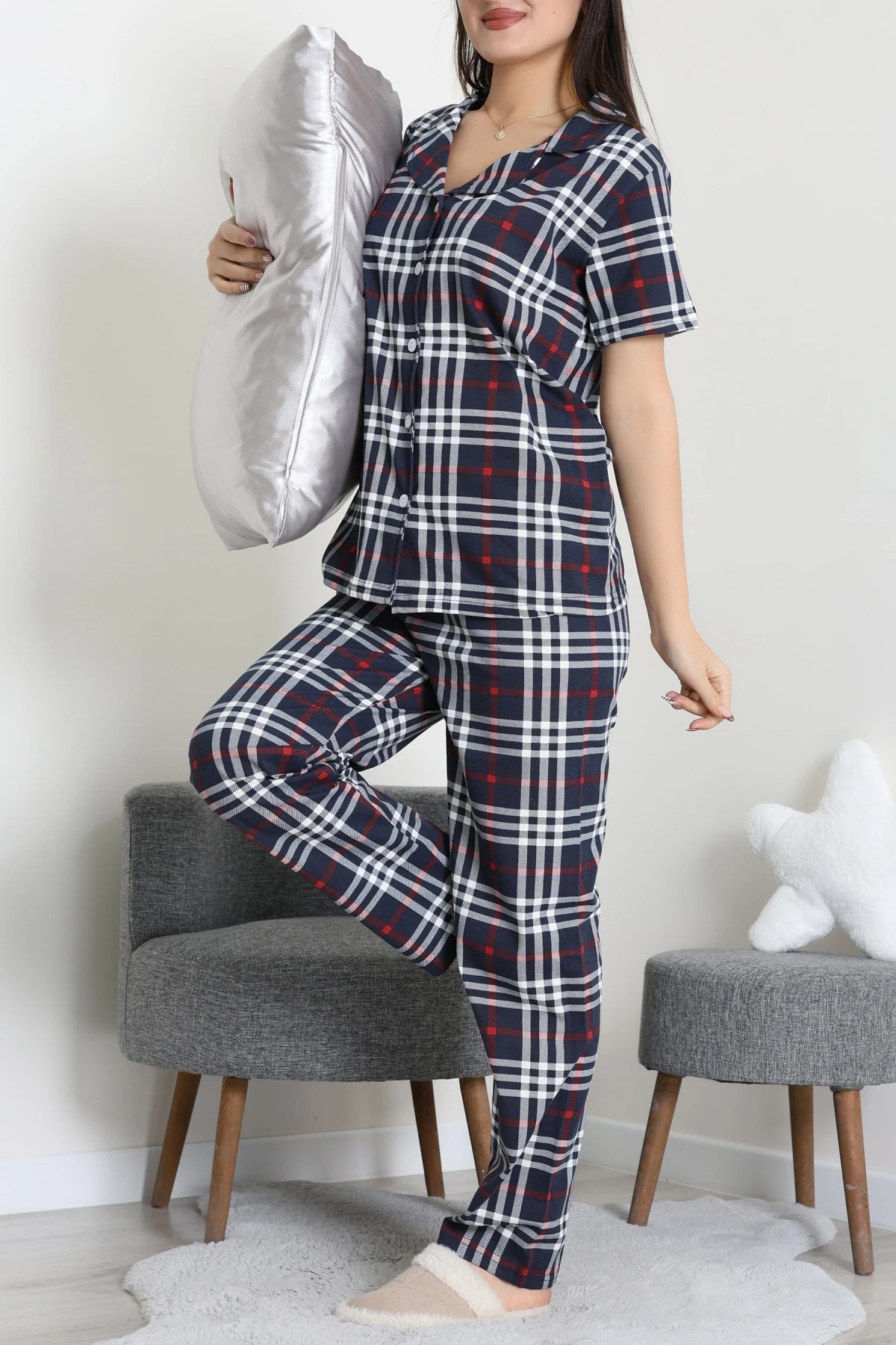 Baskılı Düğmeli Pijama Takım Lacikırmızı - 50776.1773.