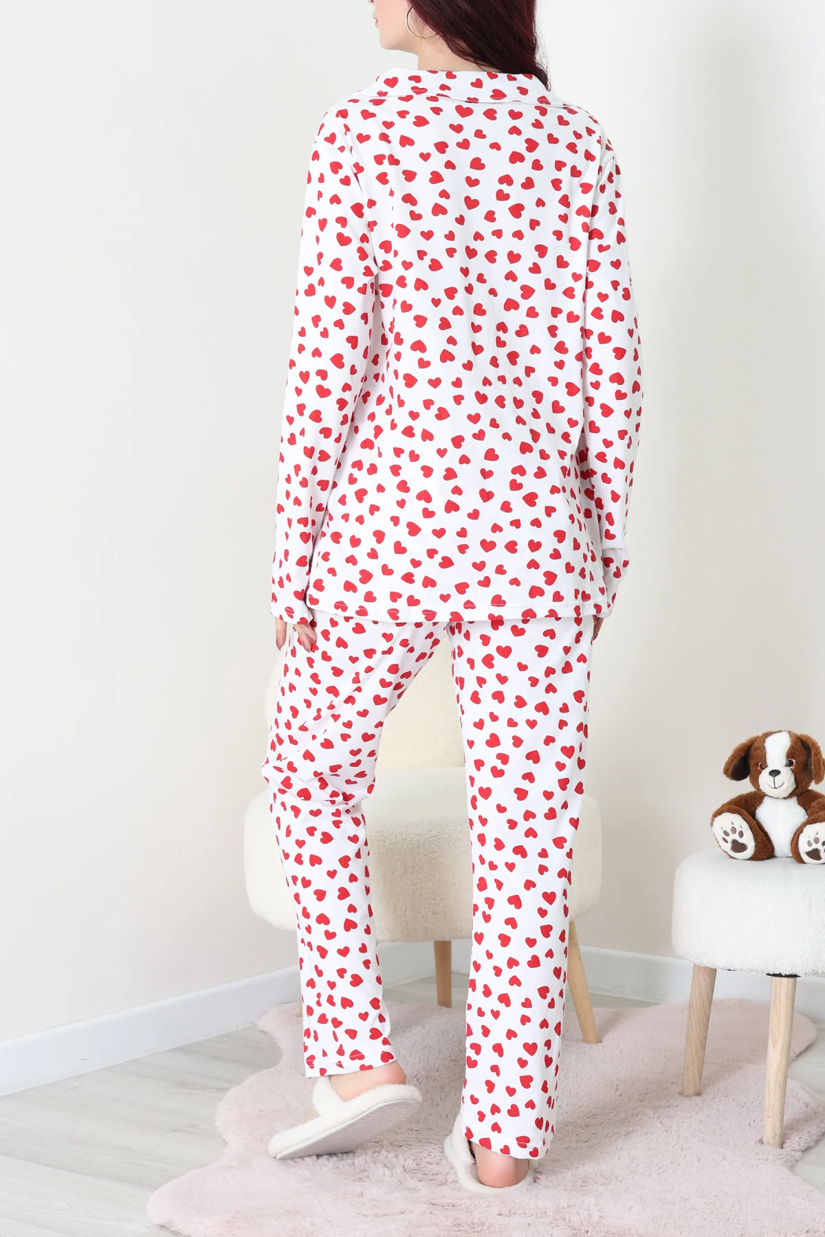 Baskılı Düğmeli Pijama Takım Beyazkalp - 50776.1773.