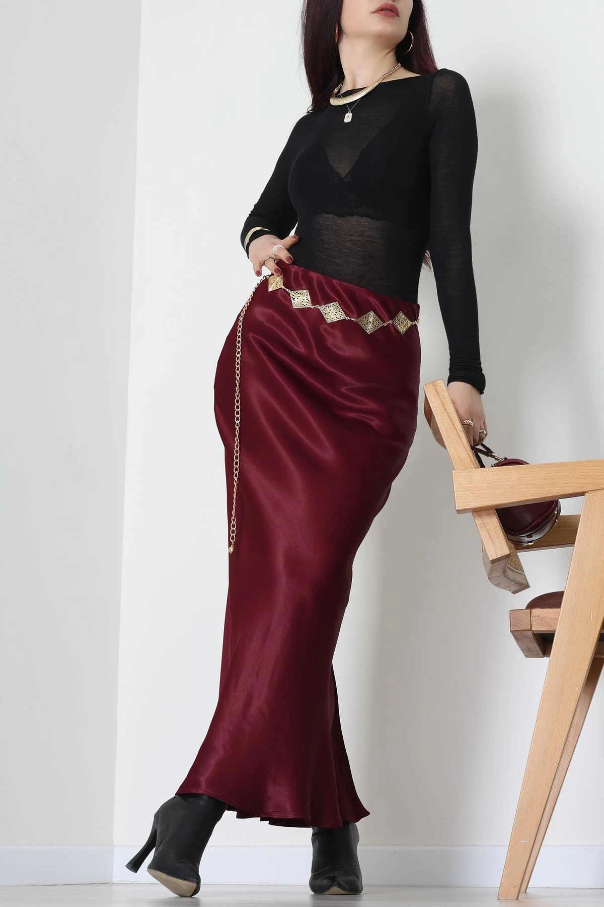 Beli Lastikli Verev Kesim Saten Etek Bordo - 51242.2077.