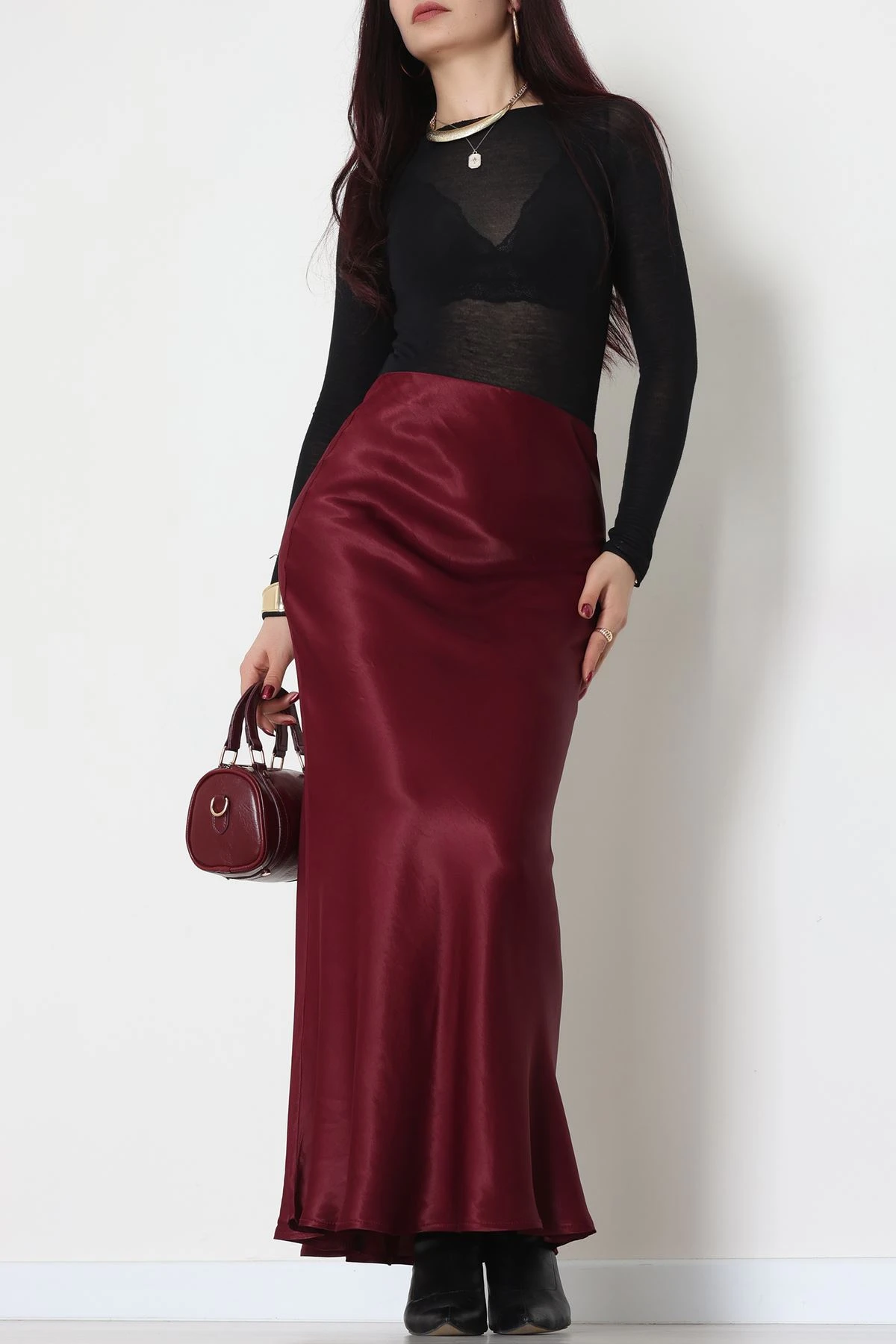 Beli Lastikli Verev Kesim Saten Etek Bordo - 51242.2077.