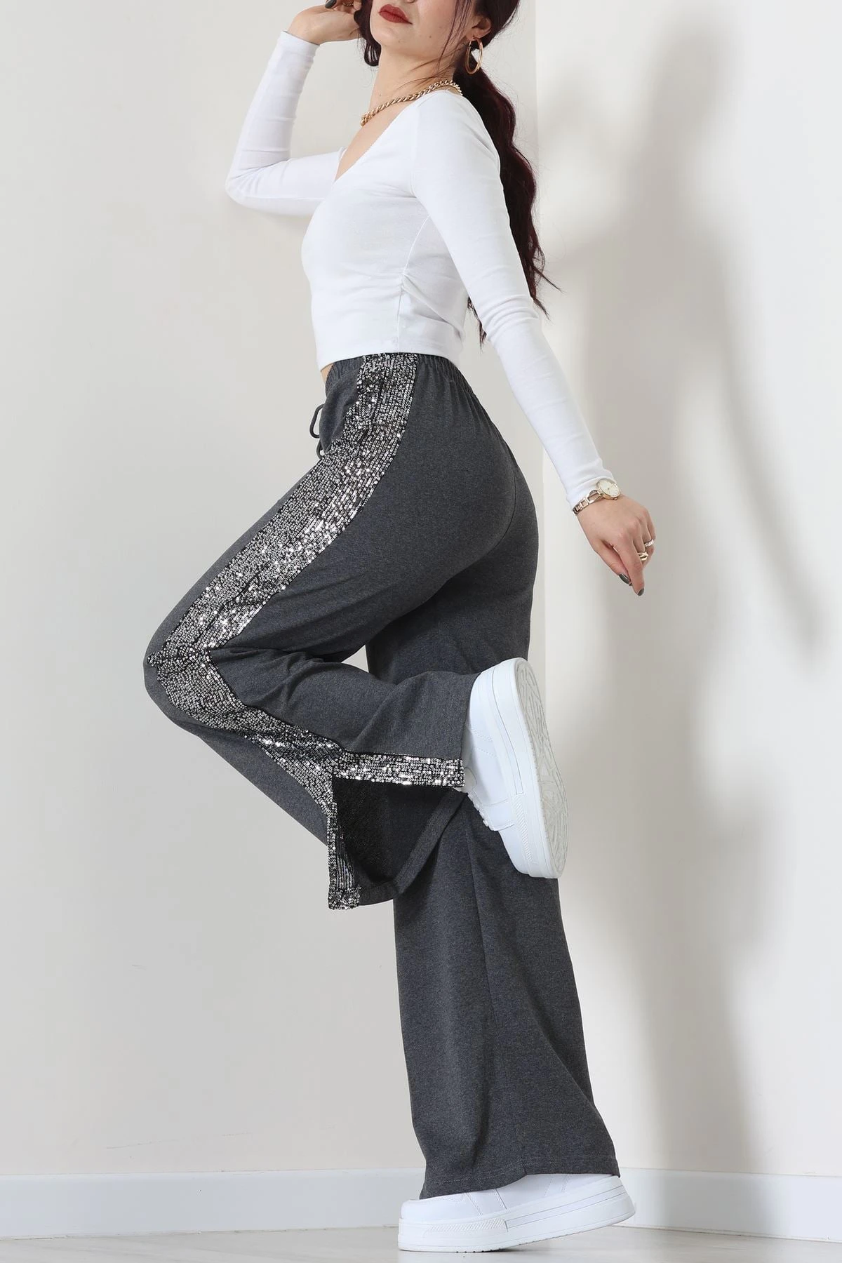 2 İplik Pul Detaylı Eşofman Altı Füme - 52110.1857.