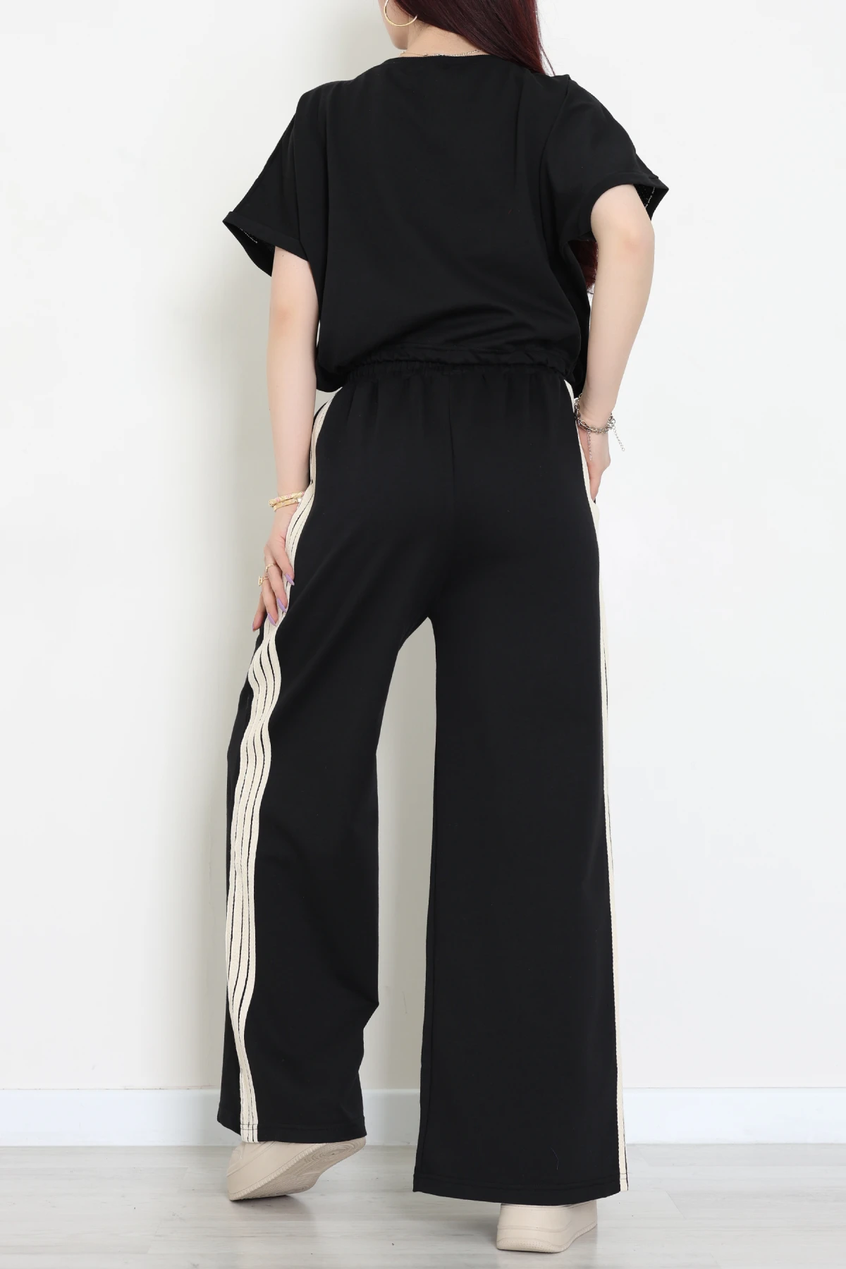 2 İplik Stoperli Keten Şeritli Eşofman Takımı Siyah - 52222.1857.