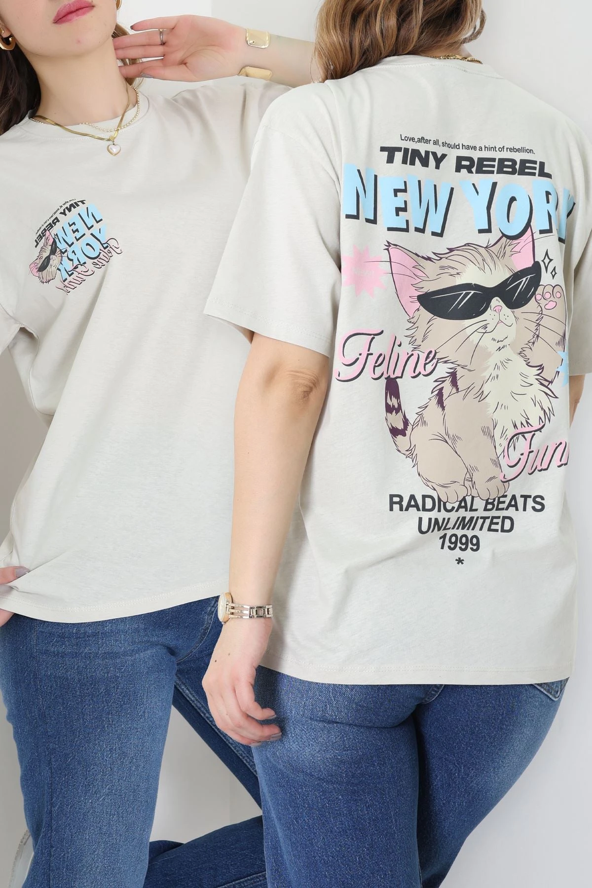 Baskılı Kompakt Penye Tişört Bejmavi - 55044.1872.