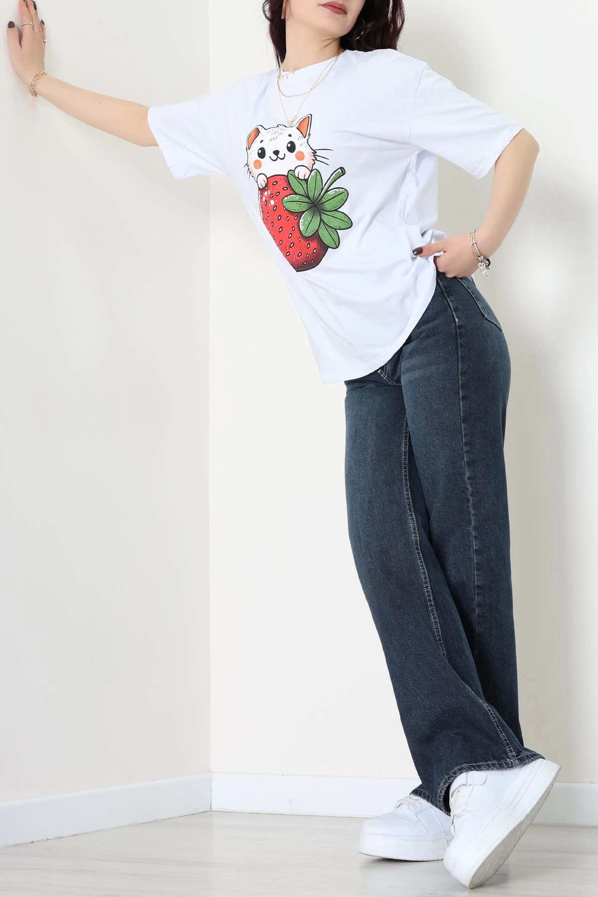 Baskılı Kompakt Penye Tişört Beyazyeşil1 - 55044.1872.