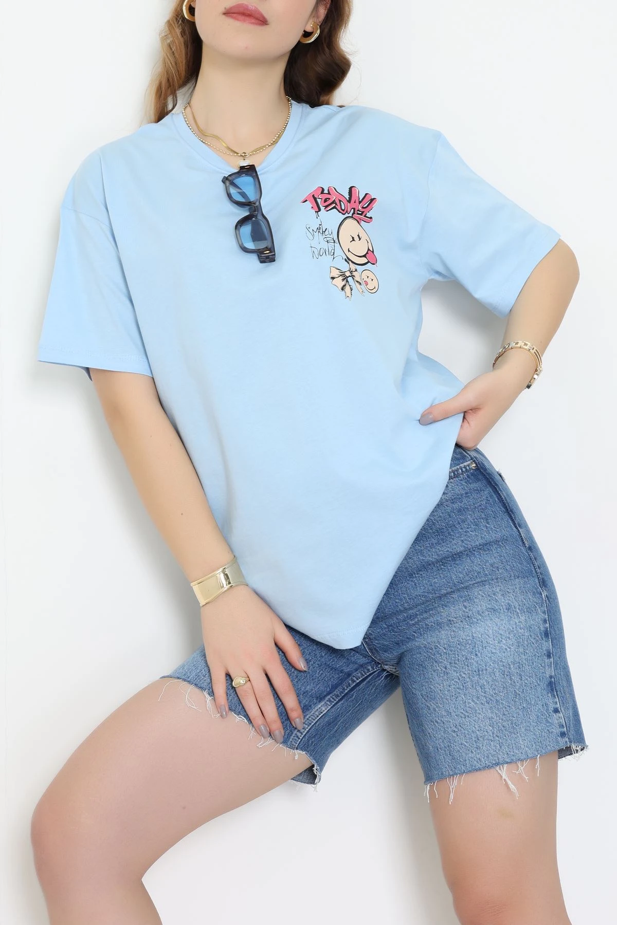 Baskılı Kompakt Penye Tişört Mavikırmızı - 55044.1872.