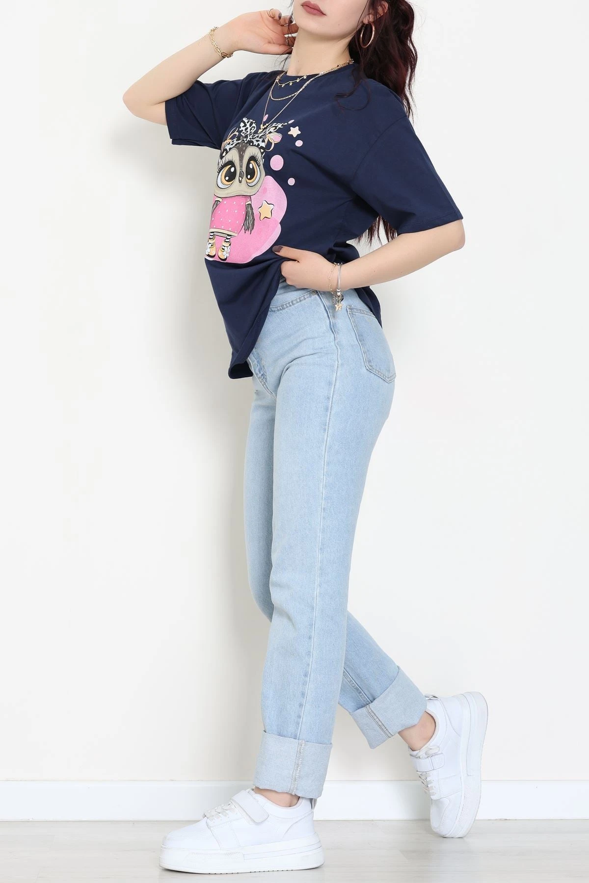 Baskılı Kompakt Penye Tişört Lacivertleopar - 55044.1872.