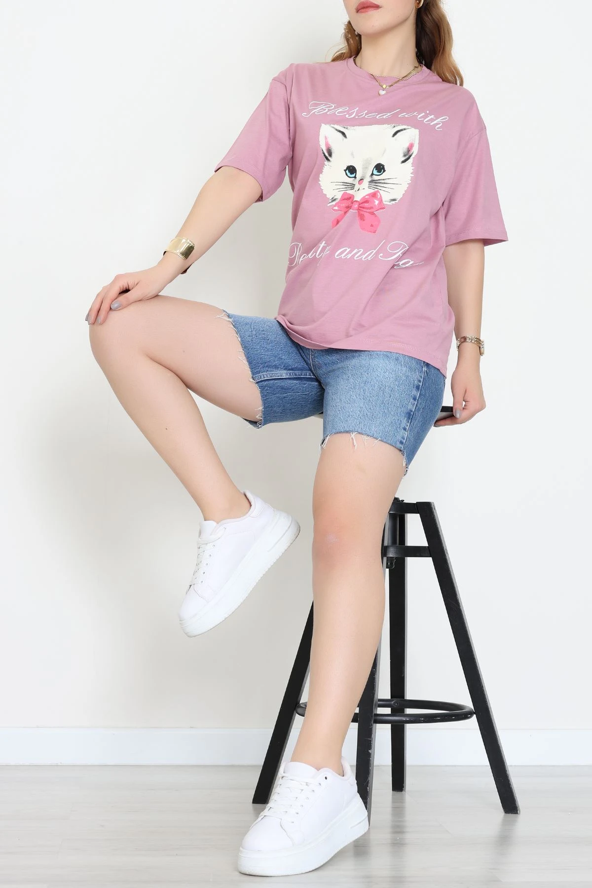 Baskılı Kompakt Penye Tişört Gülkurusu - 55044.1872.