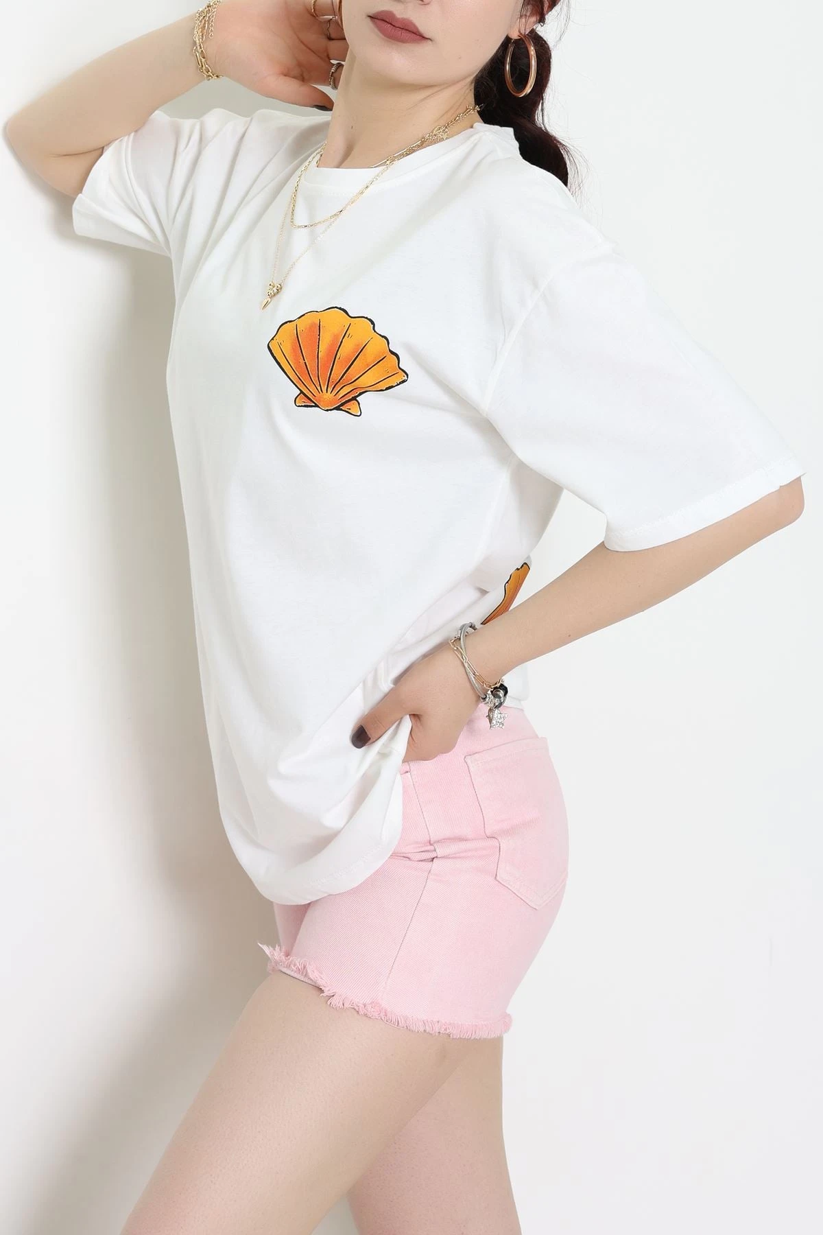 Baskılı Kompakt Penye Tişört Beyazturuncu - 55044.1872.