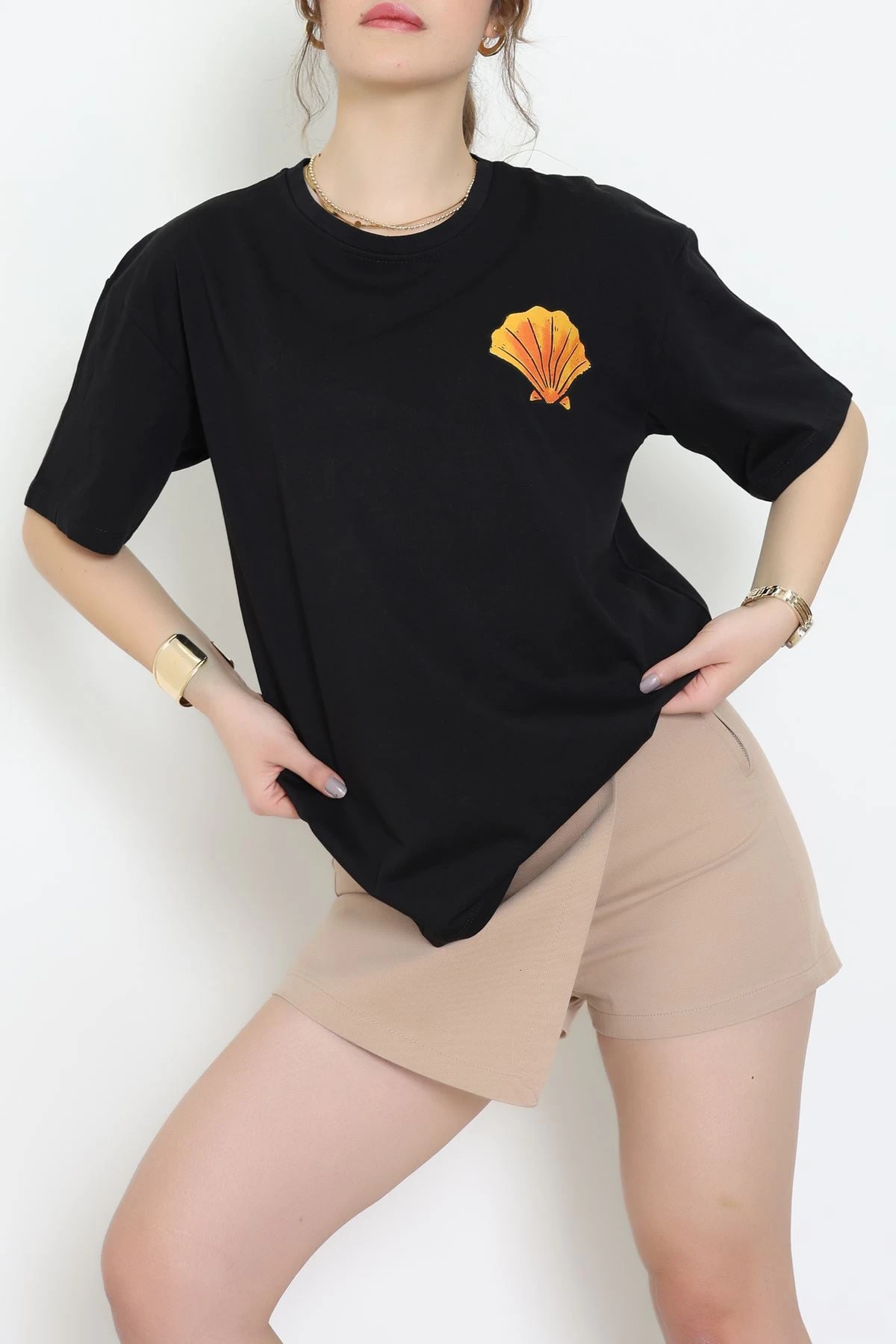 Baskılı Kompakt Penye Tişört Siyahturuncu - 55044.1872.