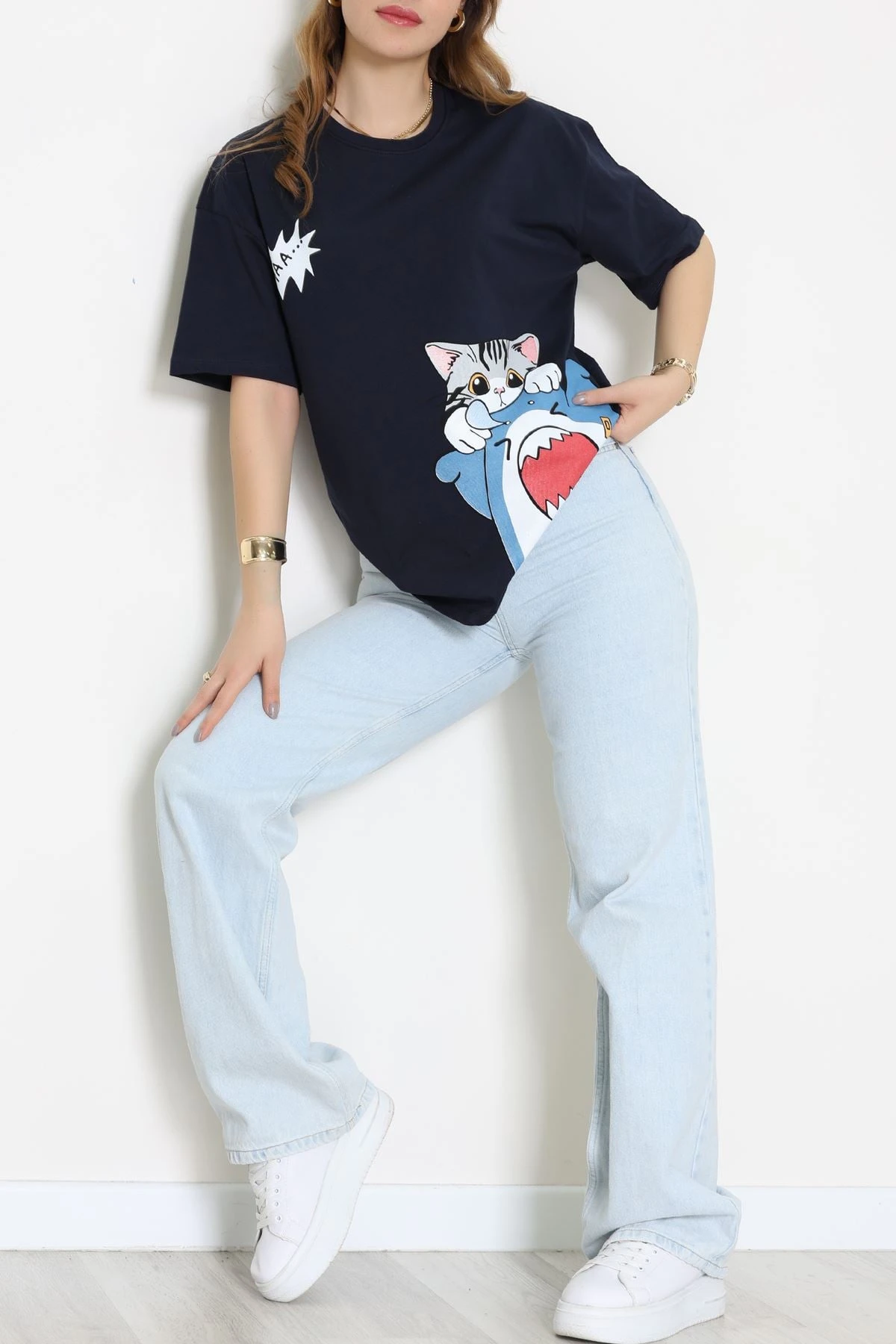 Baskılı Kompakt Penye Tişört Lacivertgri - 55044.1872.