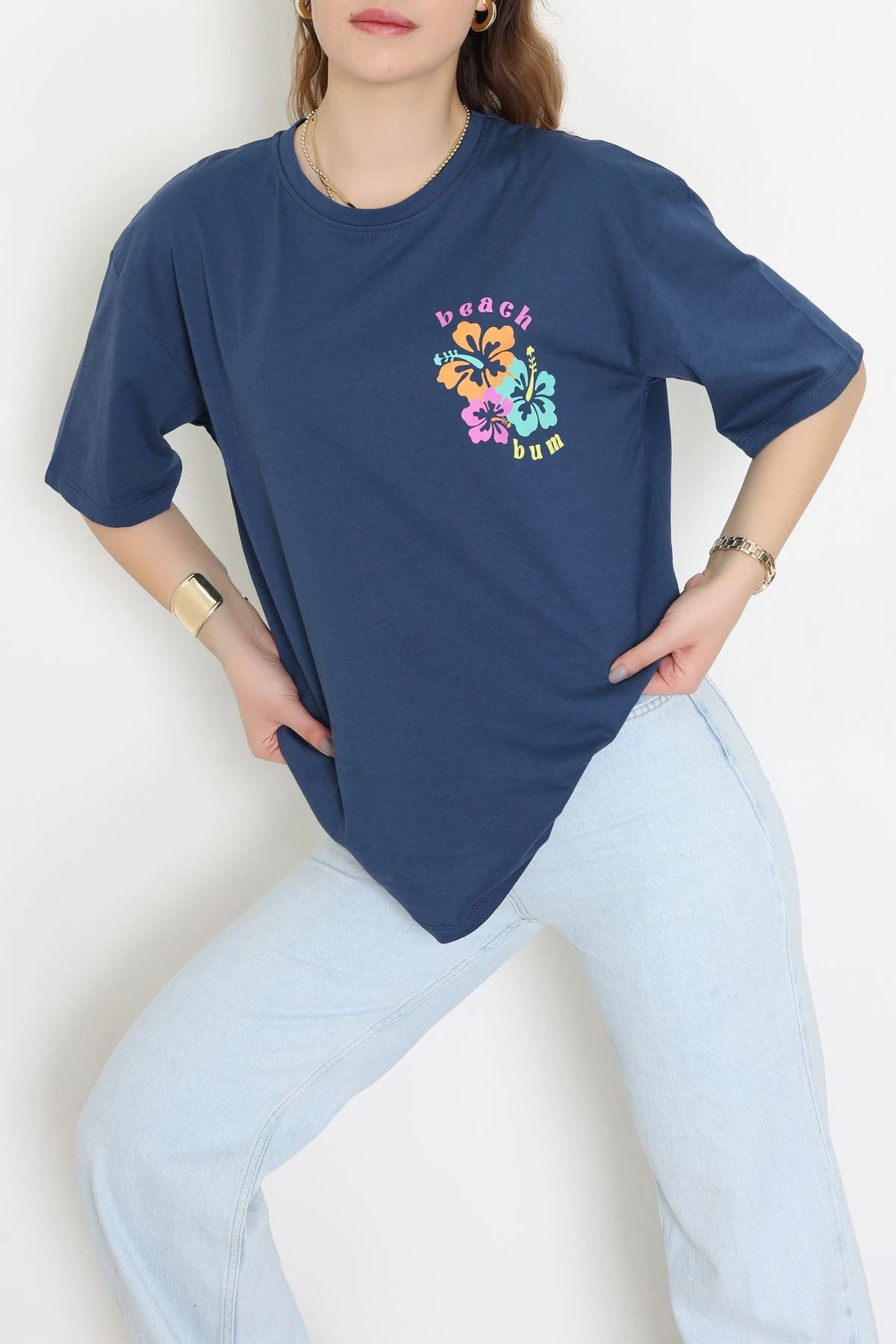 Baskılı Kompakt Penye Tişört Mavipembe - 55044.1872.