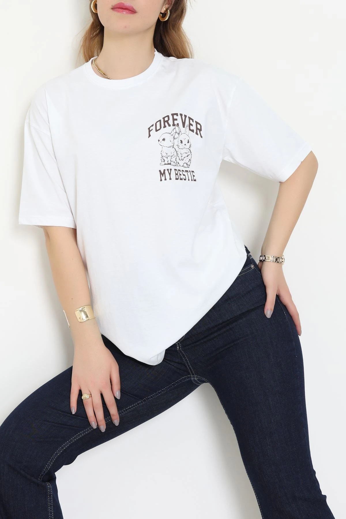 Baskılı Kompakt Penye Tişört Beyazkahve - 55044.1872.