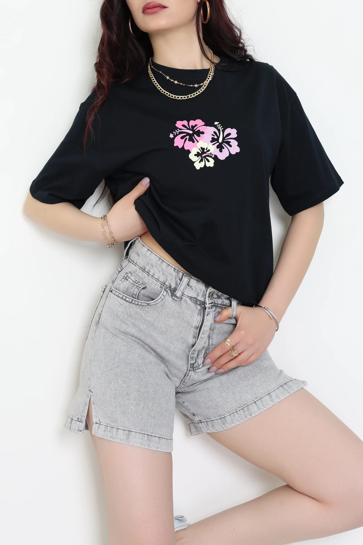 Baskılı Kompakt Penye Tişört Siyahpembe - 55044.1872.