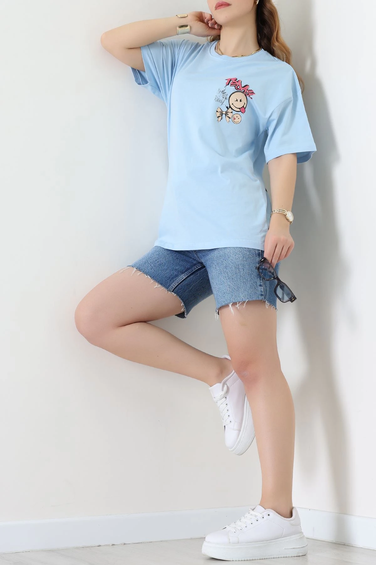 Baskılı Kompakt Penye Tişört Mavikırmızı - 55044.1872.