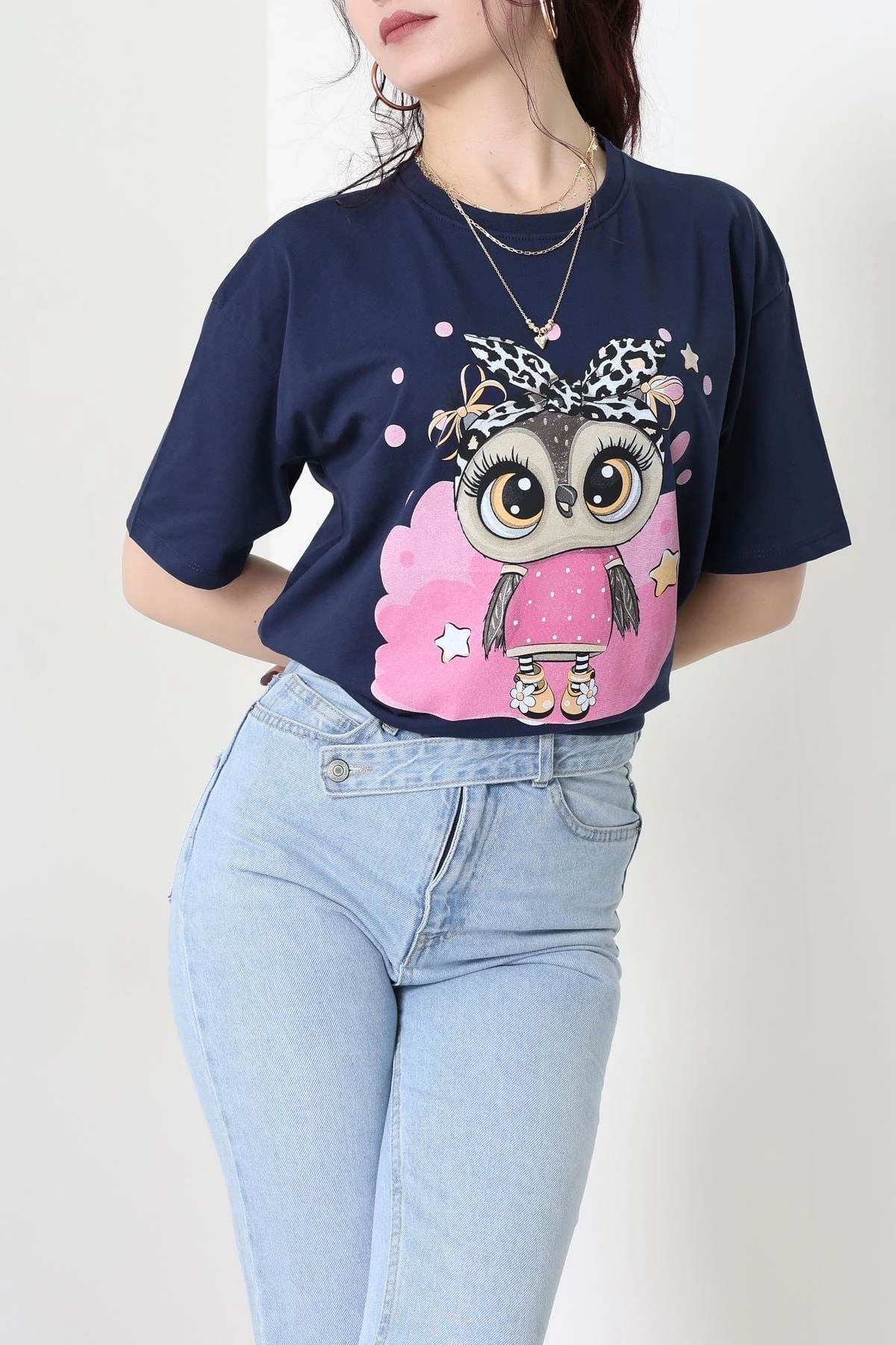 Baskılı Kompakt Penye Tişört Lacivertleopar - 55044.1872.