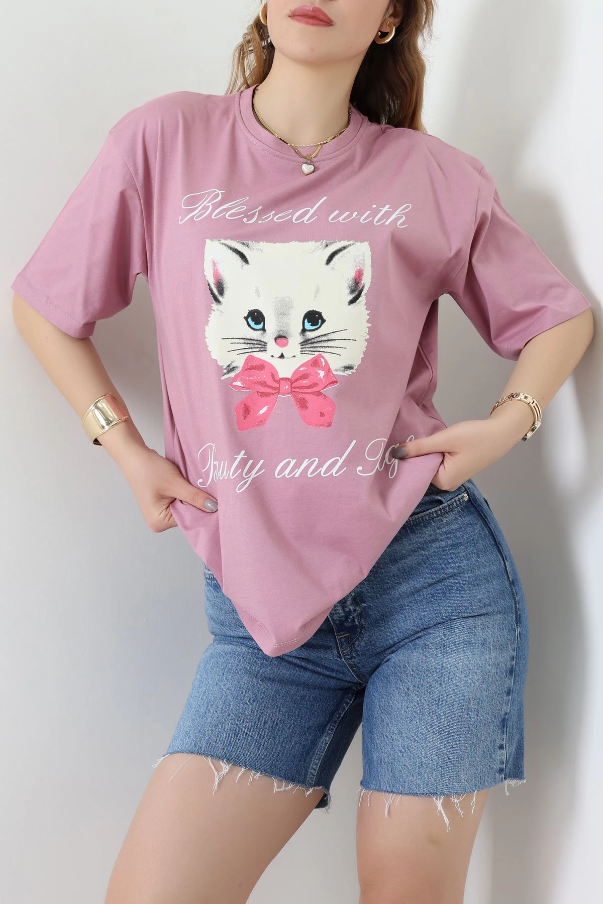 Baskılı Kompakt Penye Tişört Gülkurusu - 55044.1872.