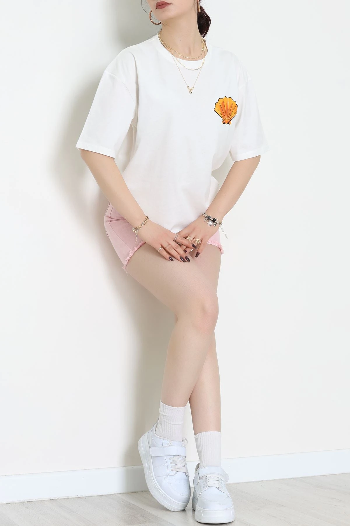 Baskılı Kompakt Penye Tişört Beyazturuncu - 55044.1872.