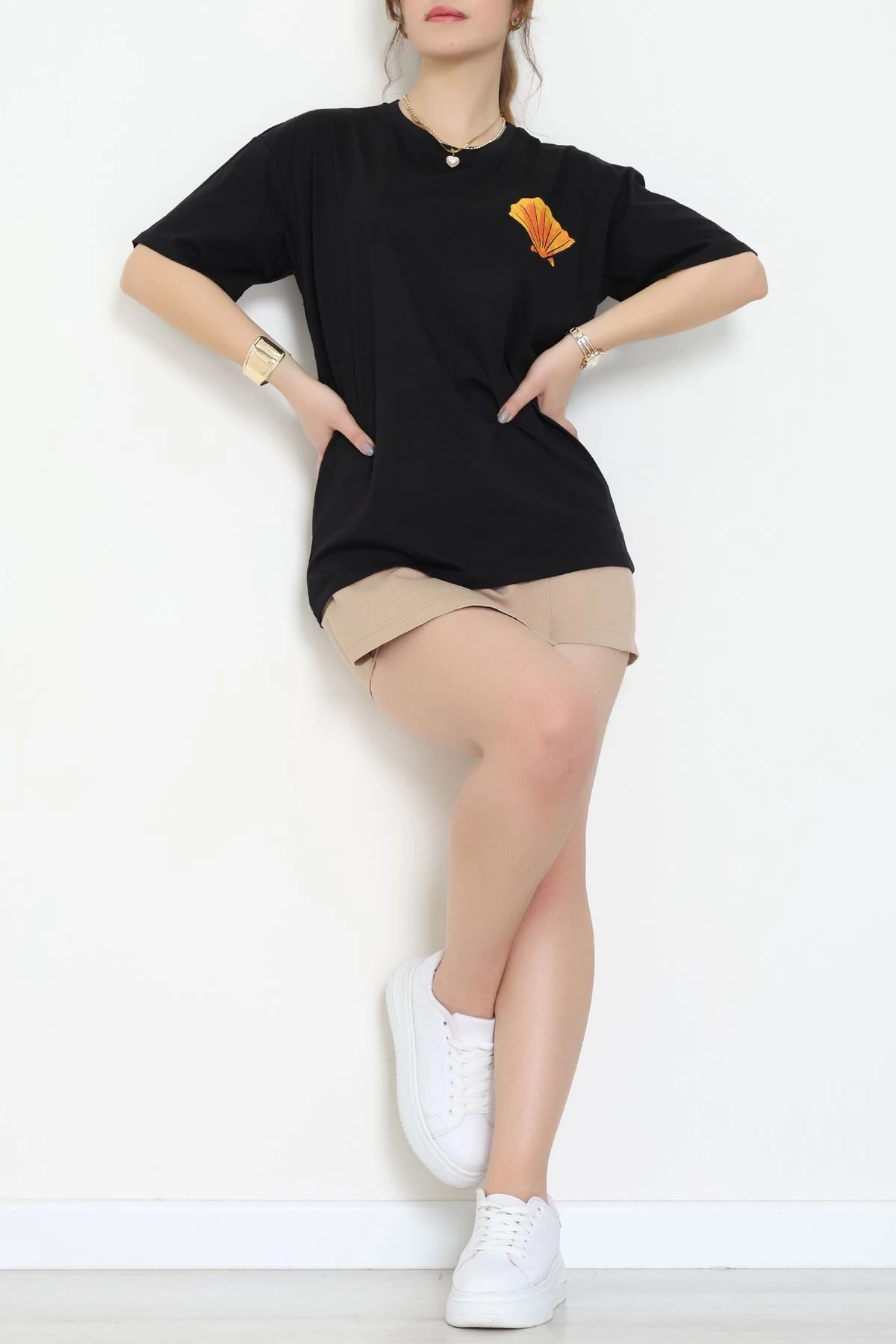 Baskılı Kompakt Penye Tişört Siyahturuncu - 55044.1872.