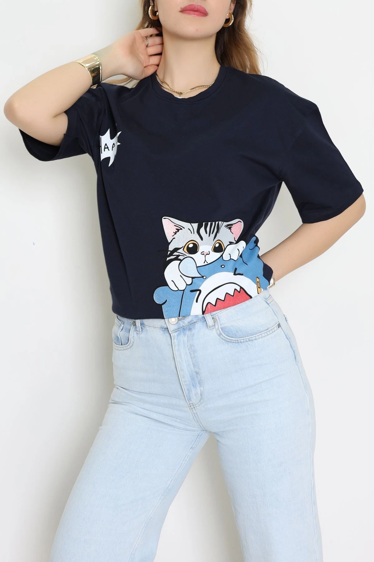 Baskılı Kompakt Penye Tişört Lacivertgri - 55044.1872.