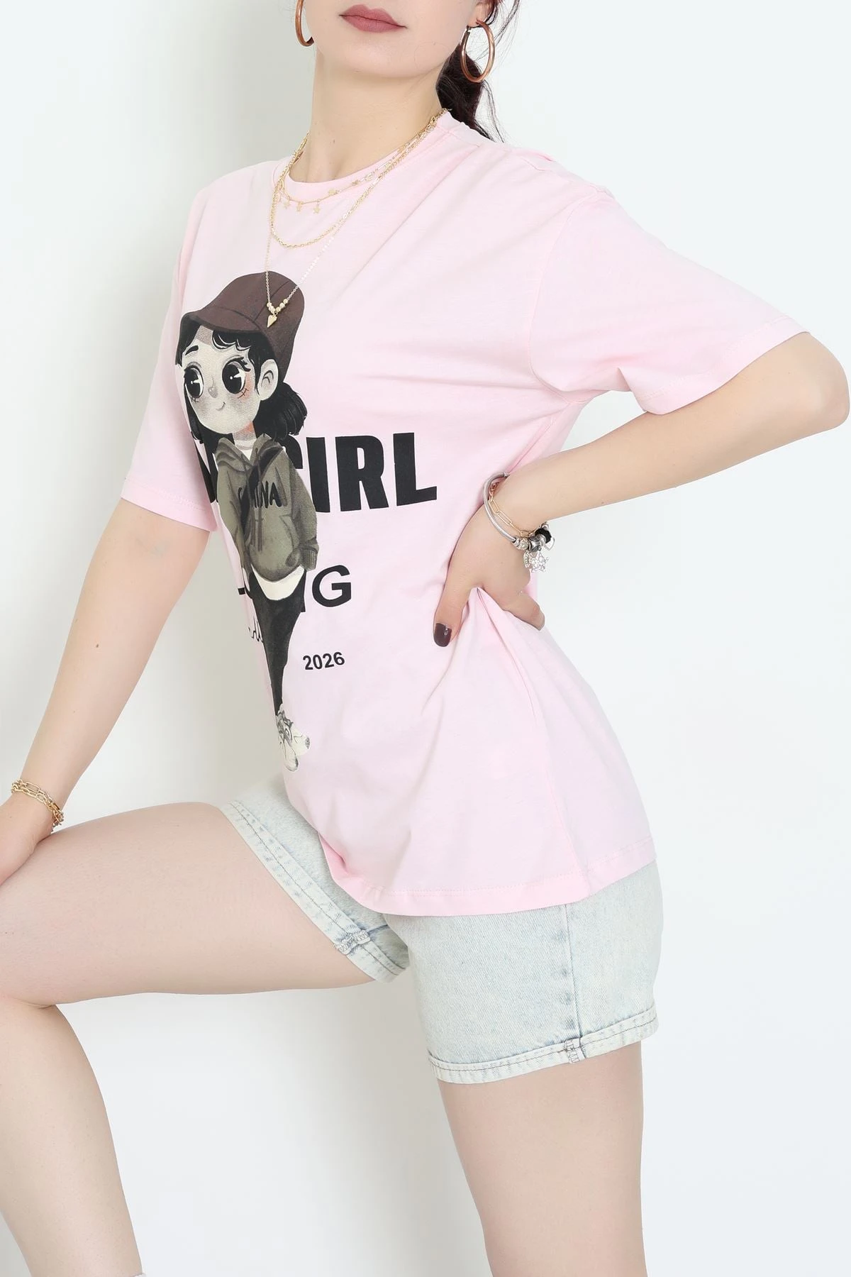 Baskılı Kompakt Penye Tişört Pembekahve - 55044.1872.