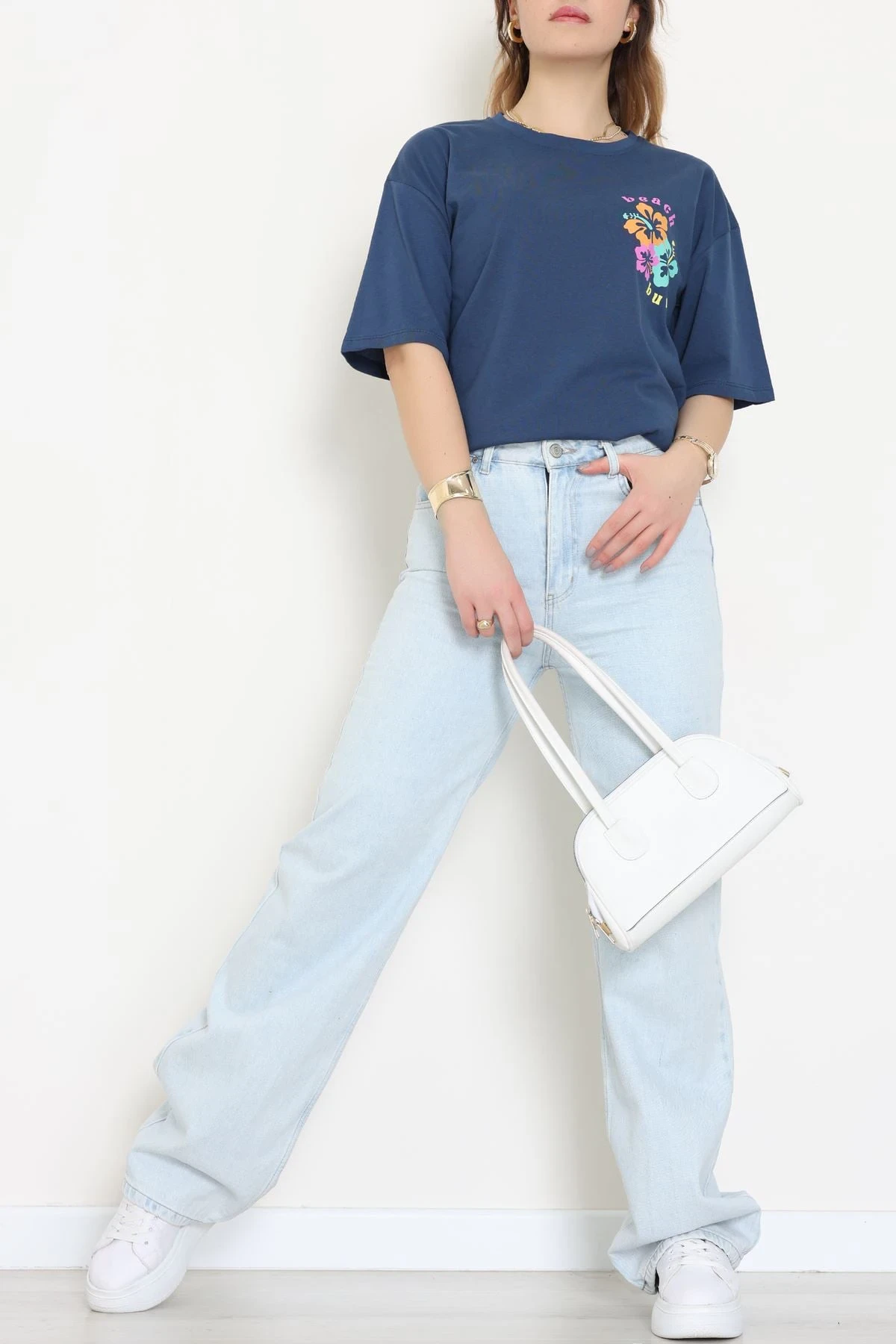 Baskılı Kompakt Penye Tişört Mavipembe - 55044.1872.