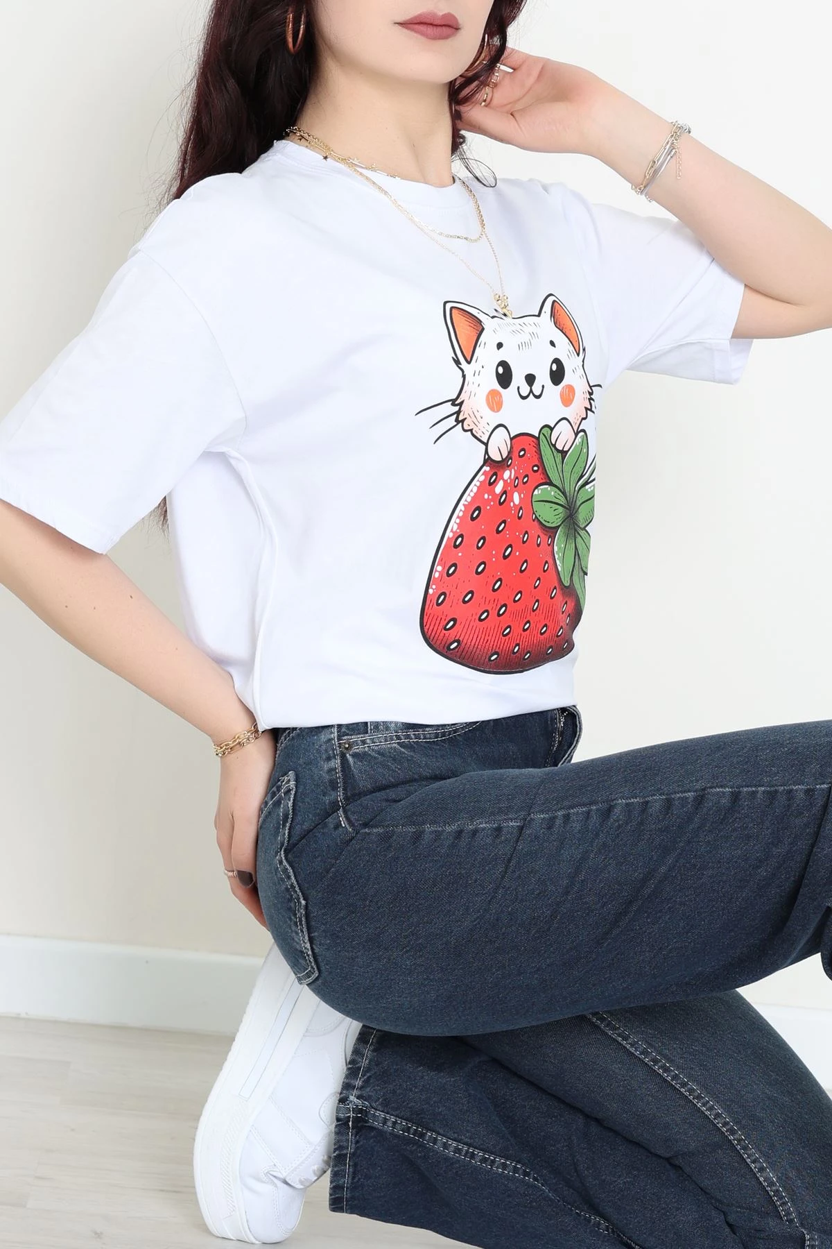 Baskılı Kompakt Penye Tişört Beyazyeşil1 - 55044.1872.