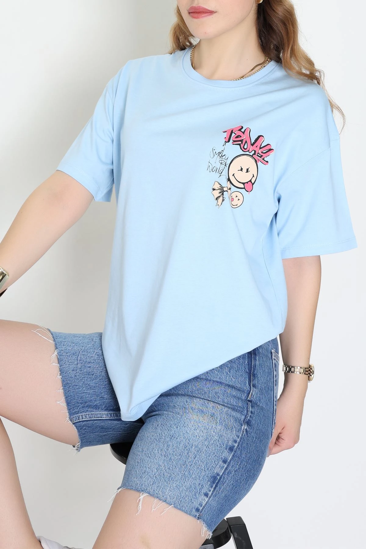 Baskılı Kompakt Penye Tişört Mavikırmızı - 55044.1872.