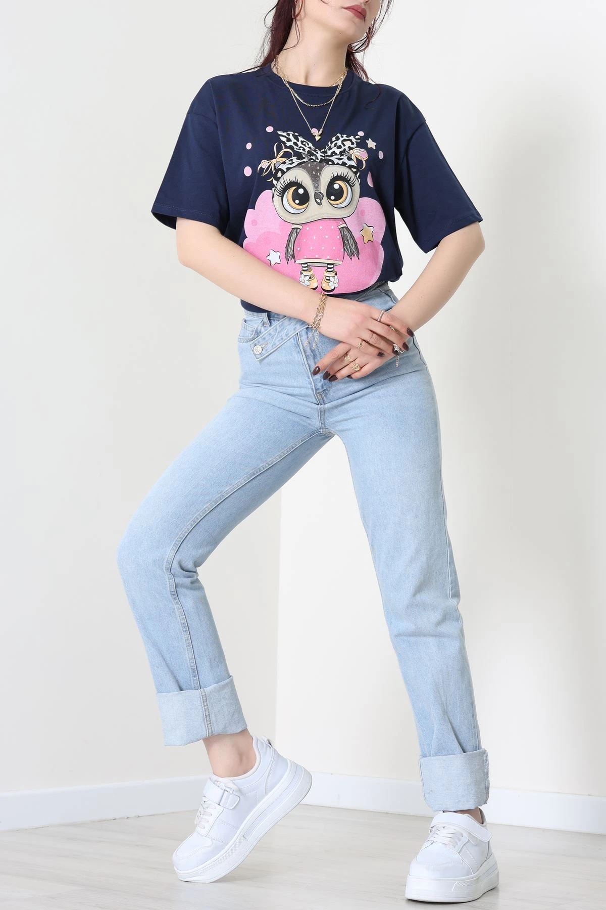 Baskılı Kompakt Penye Tişört Lacivertleopar - 55044.1872.