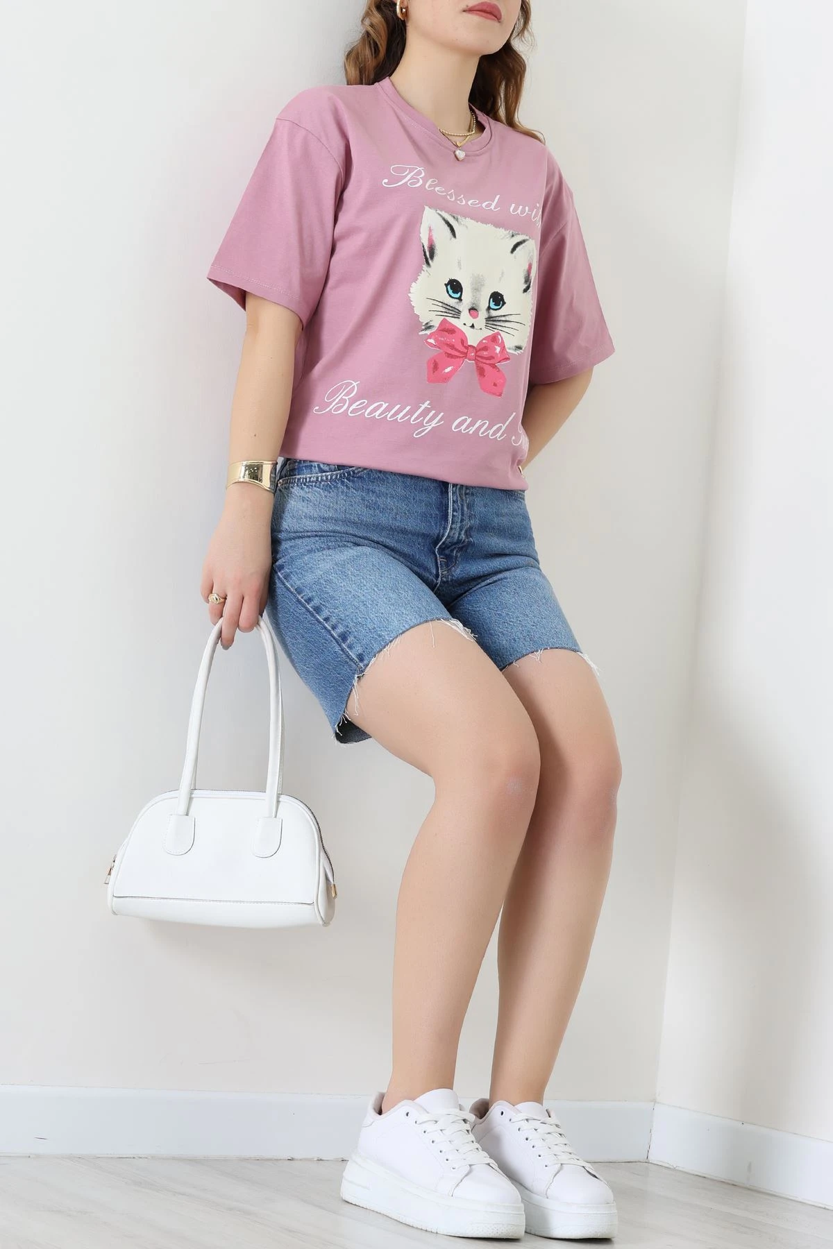 Baskılı Kompakt Penye Tişört Gülkurusu - 55044.1872.