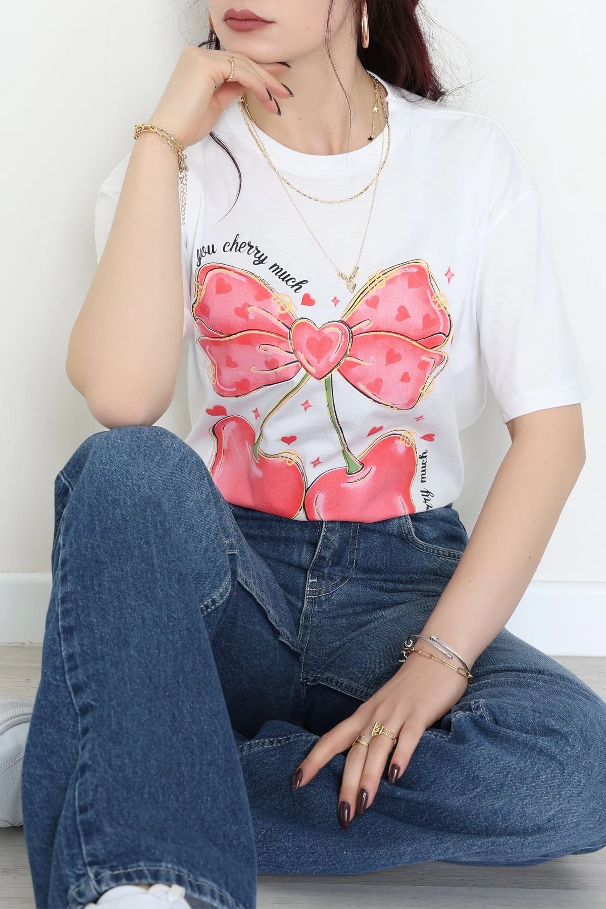 Baskılı Kompakt Penye Tişört Beyazkırmızı - 55044.1872.