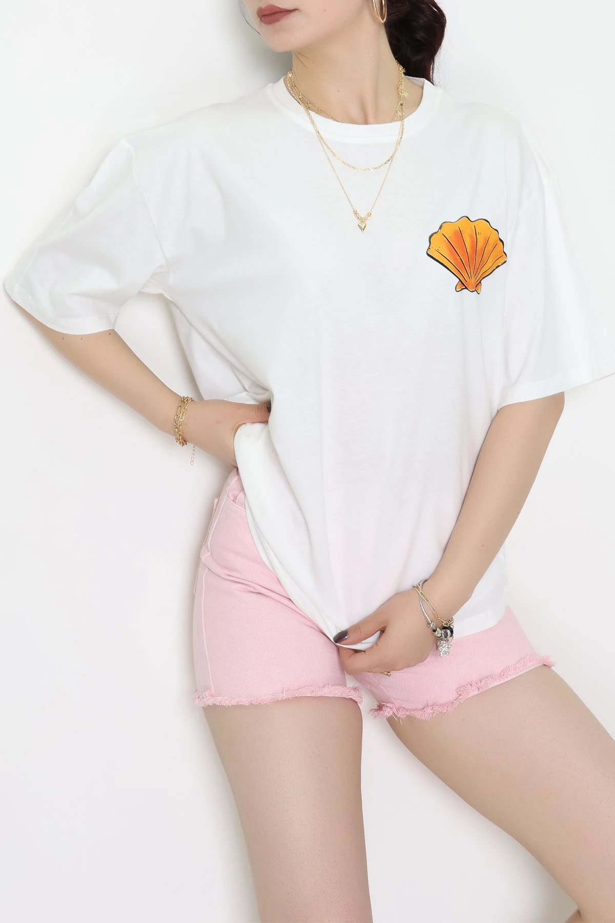 Baskılı Kompakt Penye Tişört Beyazturuncu - 55044.1872.