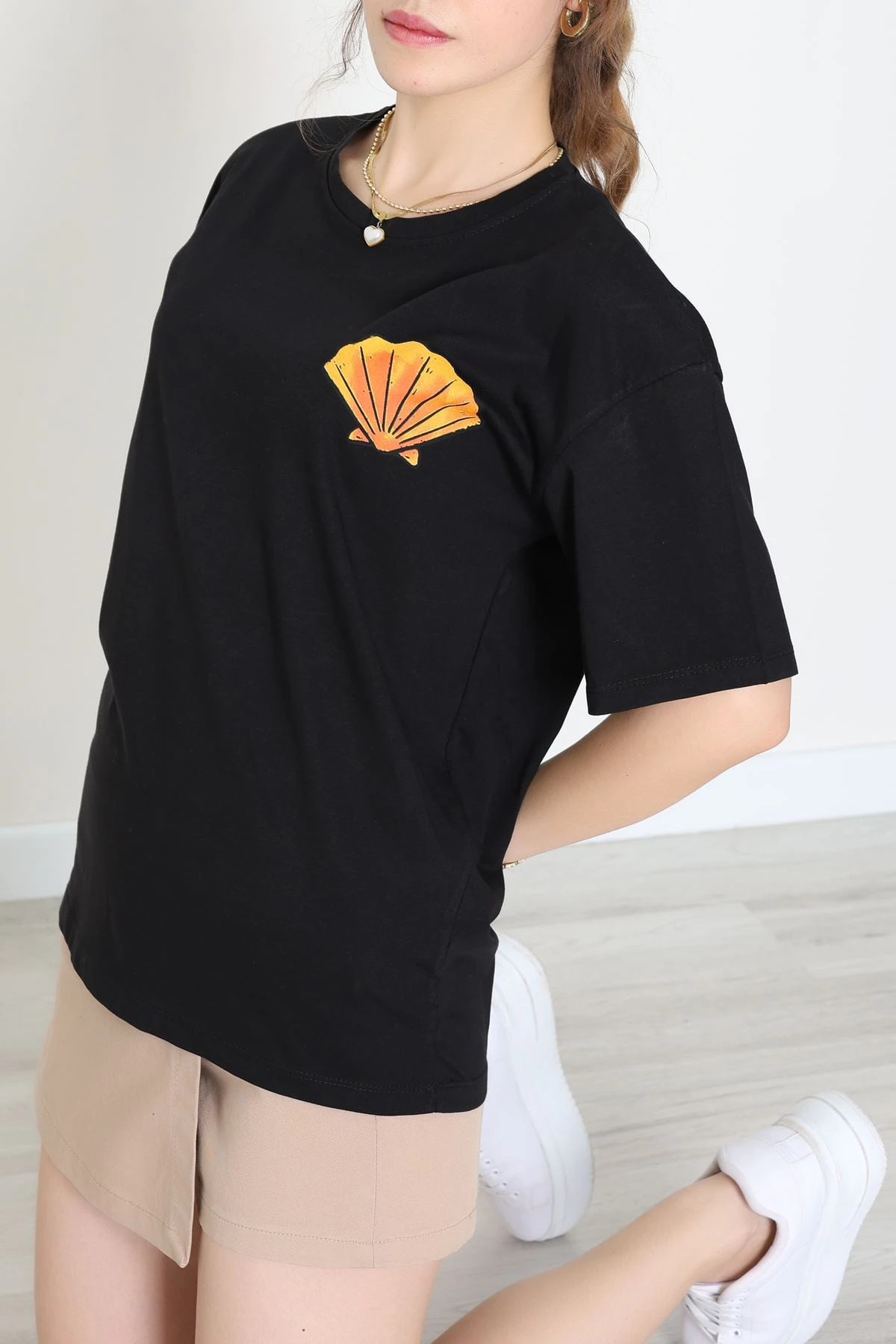 Baskılı Kompakt Penye Tişört Siyahturuncu - 55044.1872.
