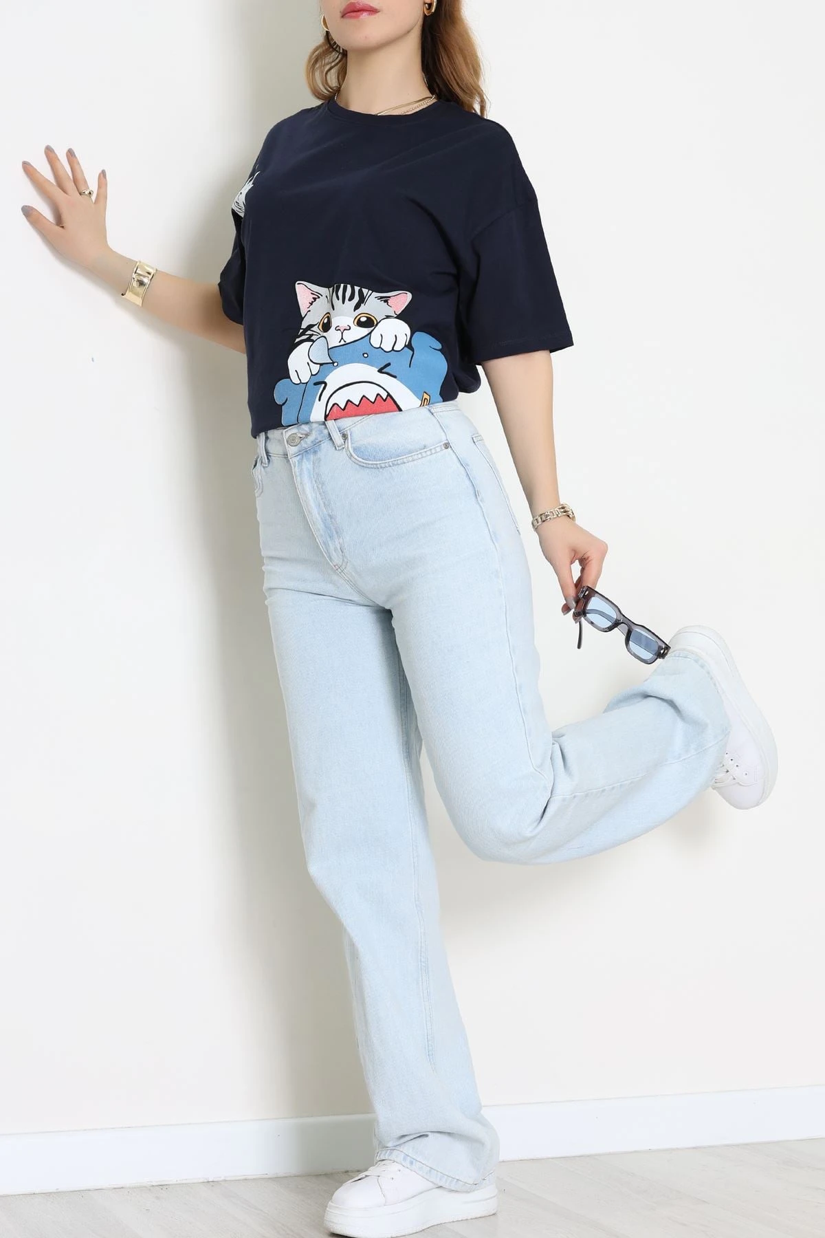 Baskılı Kompakt Penye Tişört Lacivertgri - 55044.1872.