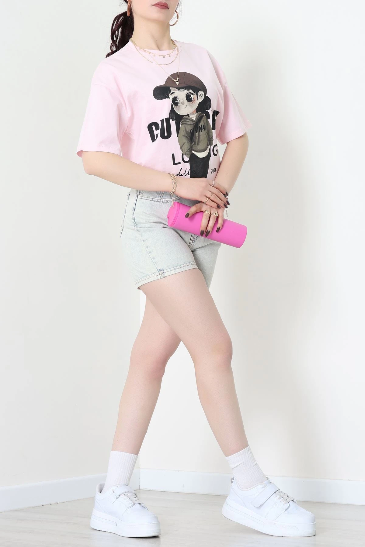 Baskılı Kompakt Penye Tişört Pembekahve - 55044.1872.