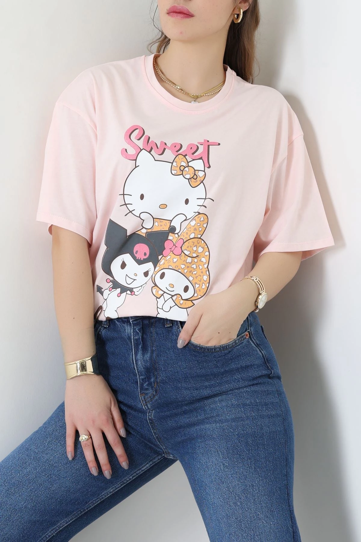 Baskılı Kompakt Penye Tişört Pembesarı - 55044.1872.