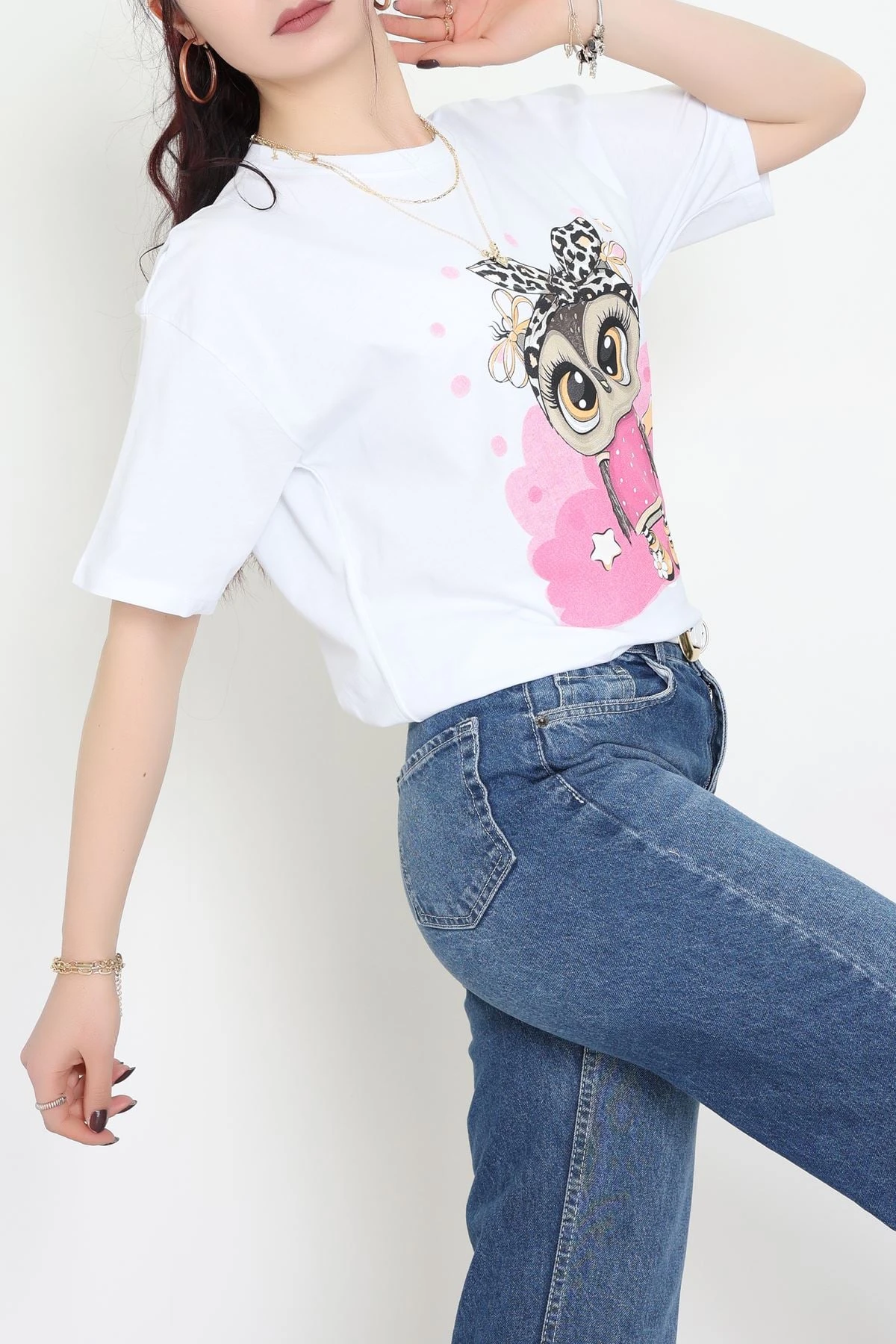 Baskılı Kompakt Penye Tişört Beyazleopar - 55044.1872.