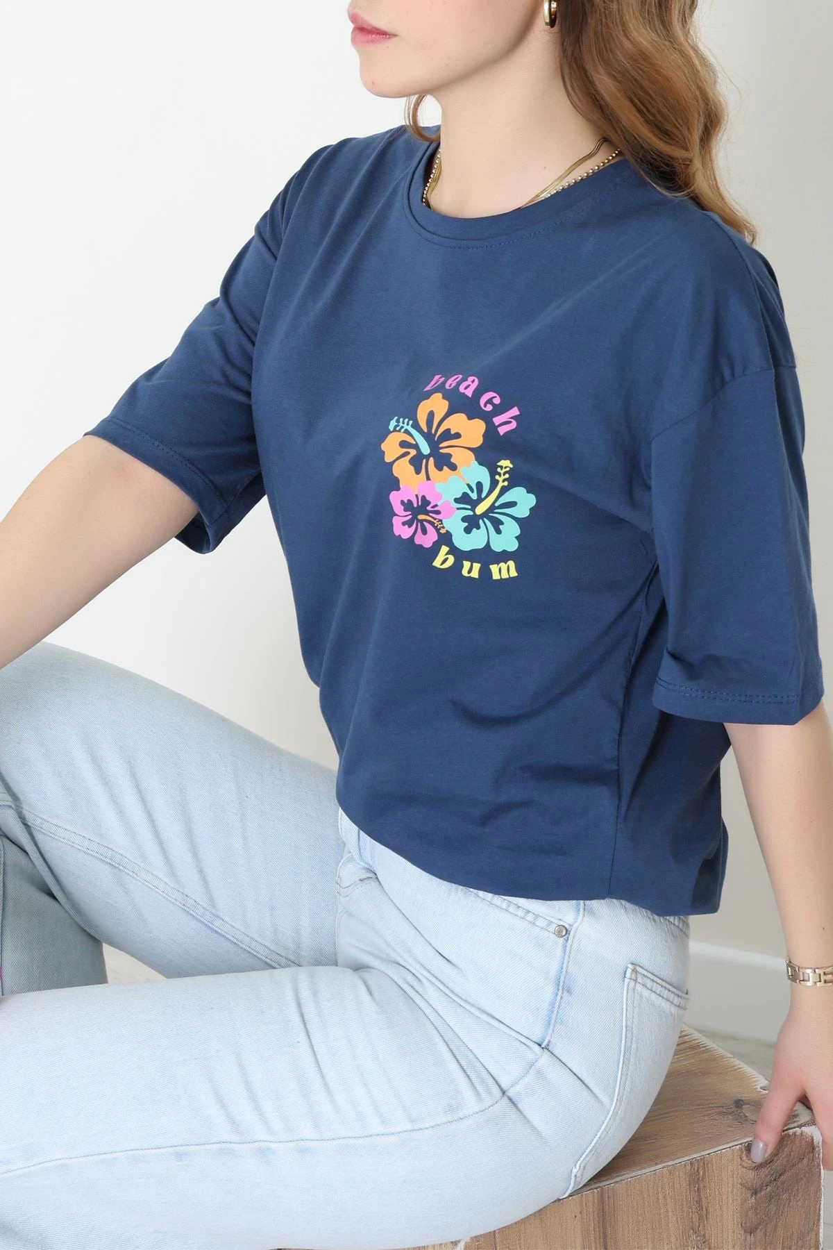 Baskılı Kompakt Penye Tişört Mavipembe - 55044.1872.