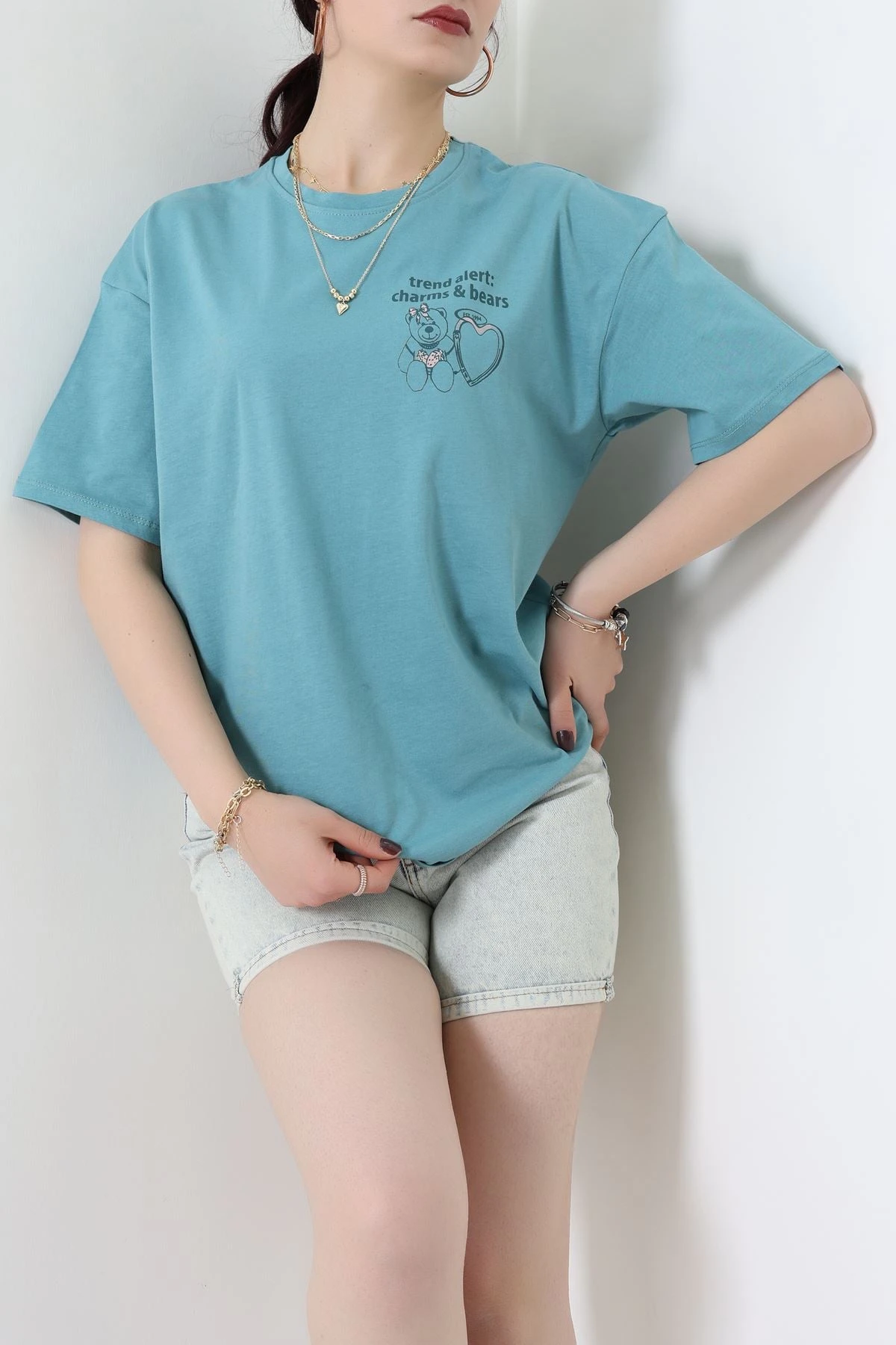 Baskılı Kompakt Penye Tişört Mint - 55044.1872.