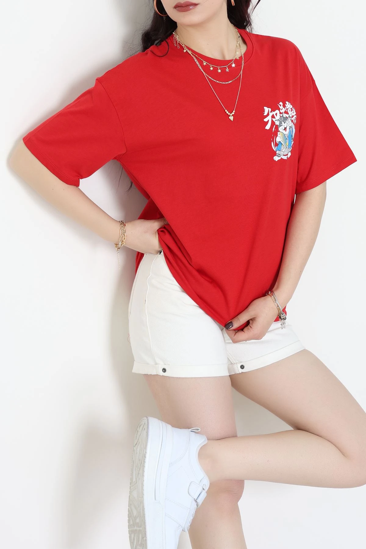 Baskılı Kompakt Penye Tişört Kırmızımavi - 55044.1872.