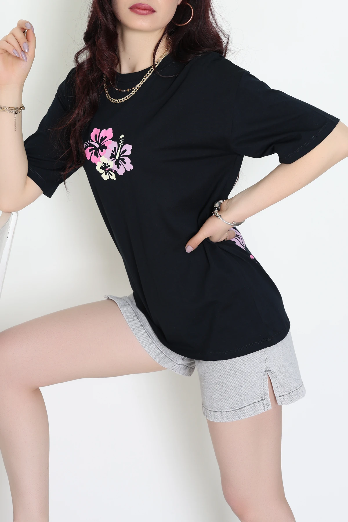 Baskılı Kompakt Penye Tişört Siyahpembe - 55044.1872.