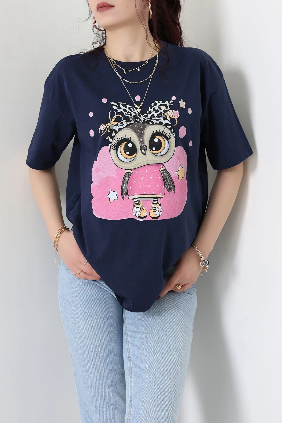 Baskılı Kompakt Penye Tişört Lacivertleopar - 55044.1872.