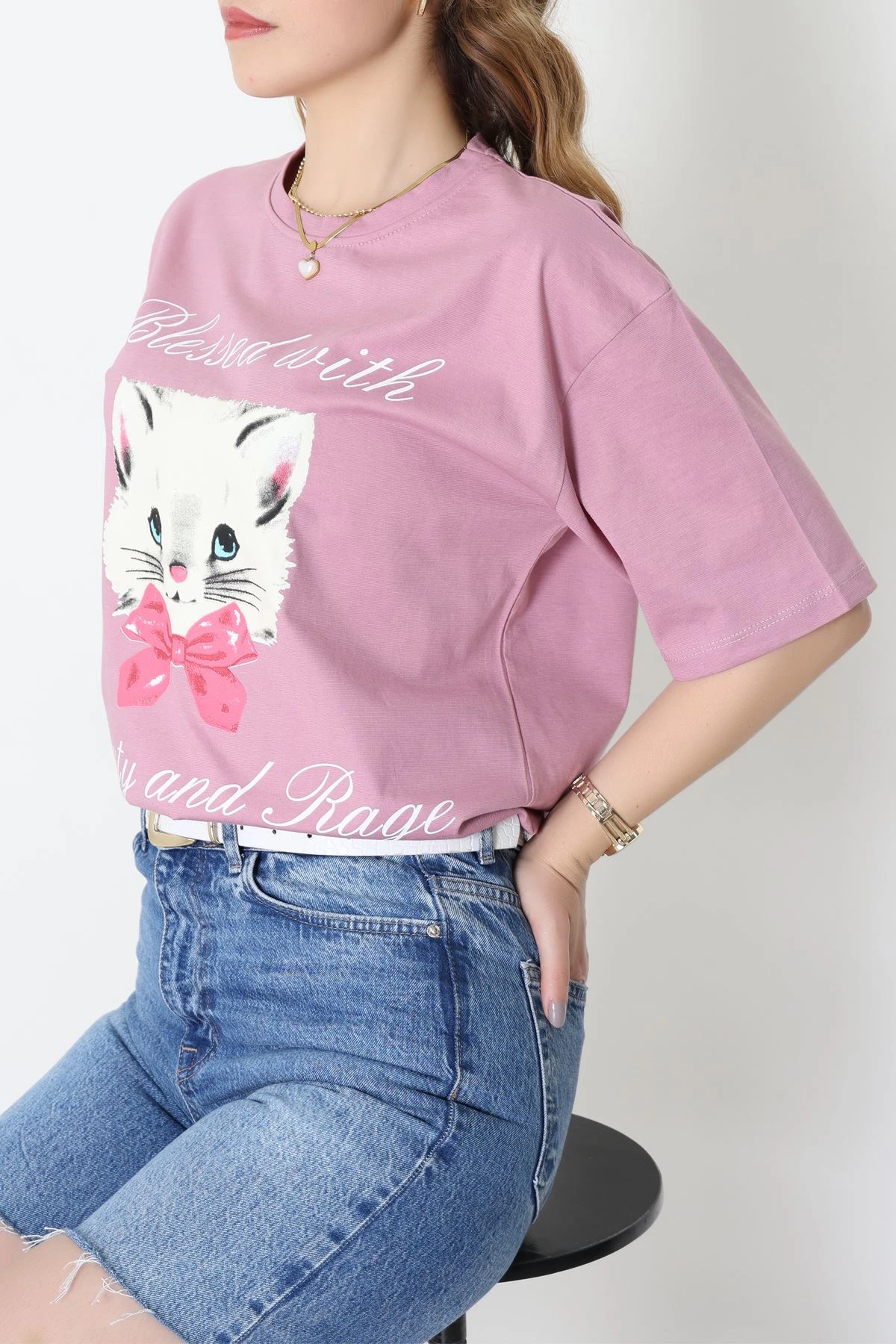 Baskılı Kompakt Penye Tişört Gülkurusu - 55044.1872.