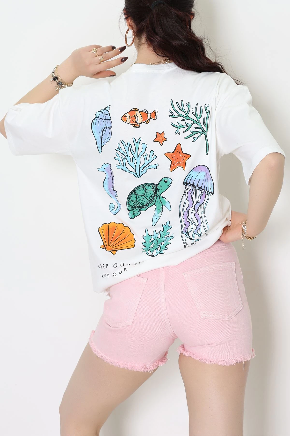 Baskılı Kompakt Penye Tişört Beyazturuncu - 55044.1872.