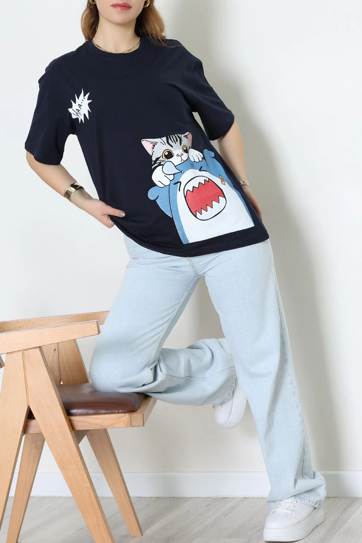 Baskılı Kompakt Penye Tişört Lacivertgri - 55044.1872.