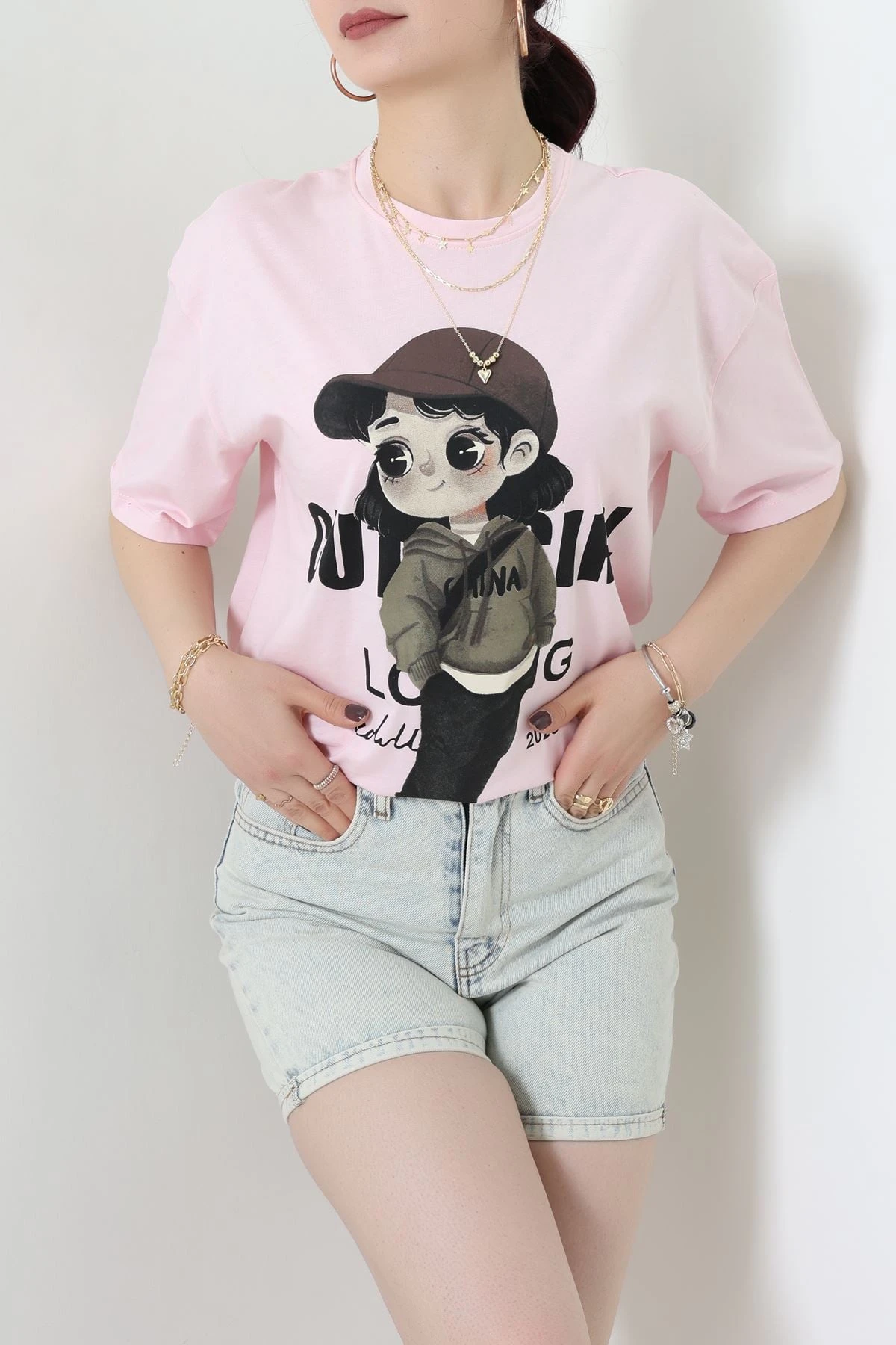 Baskılı Kompakt Penye Tişört Pembekahve - 55044.1872.