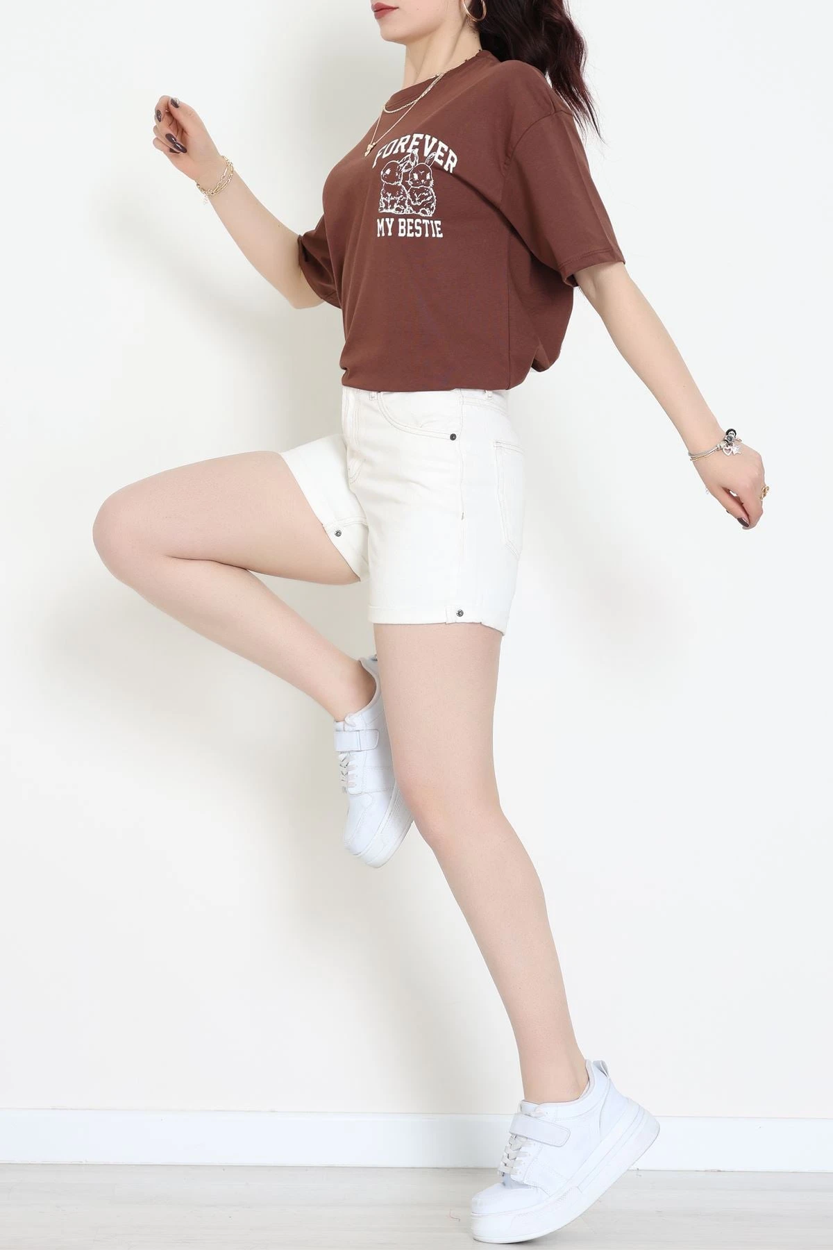 Baskılı Kompakt Penye Tişört Kahvebeyaz - 55044.1872.