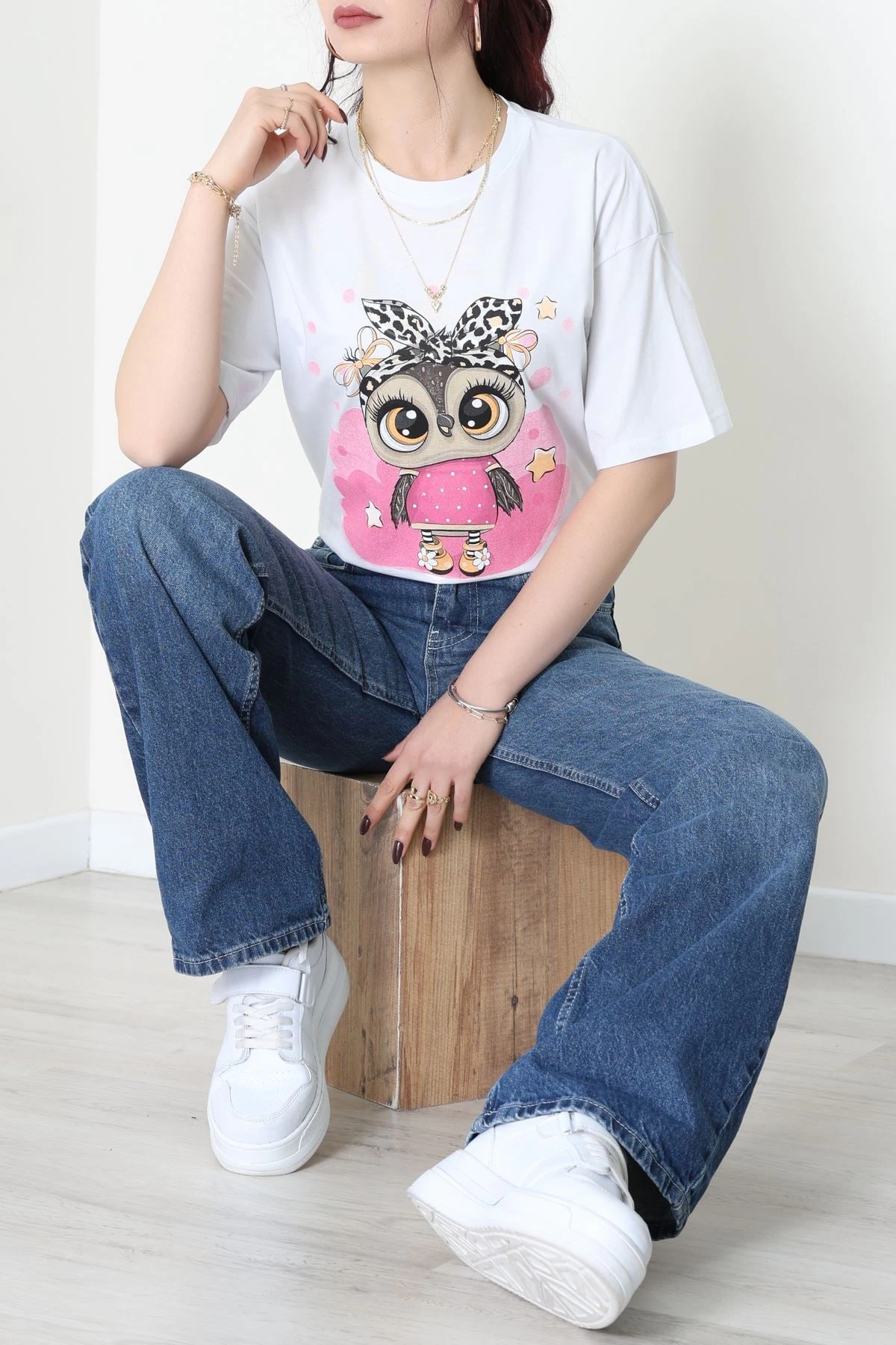 Baskılı Kompakt Penye Tişört Beyazleopar - 55044.1872.