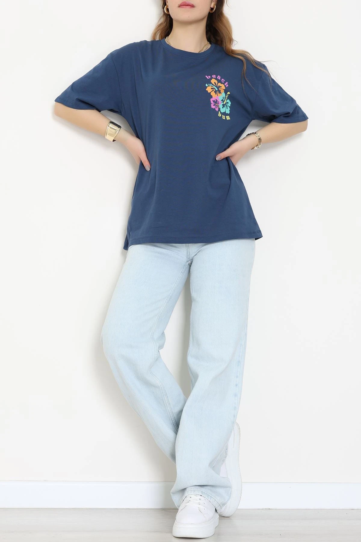 Baskılı Kompakt Penye Tişört Mavipembe - 55044.1872.