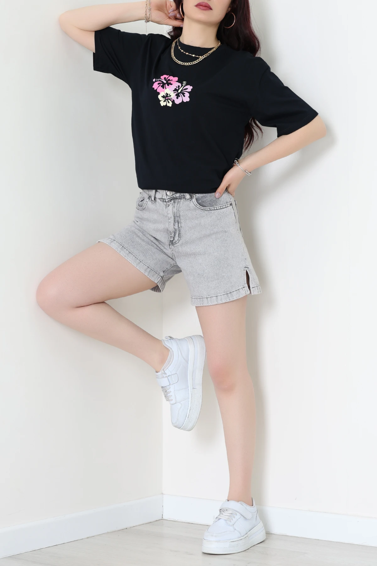 Baskılı Kompakt Penye Tişört Siyahpembe - 55044.1872.