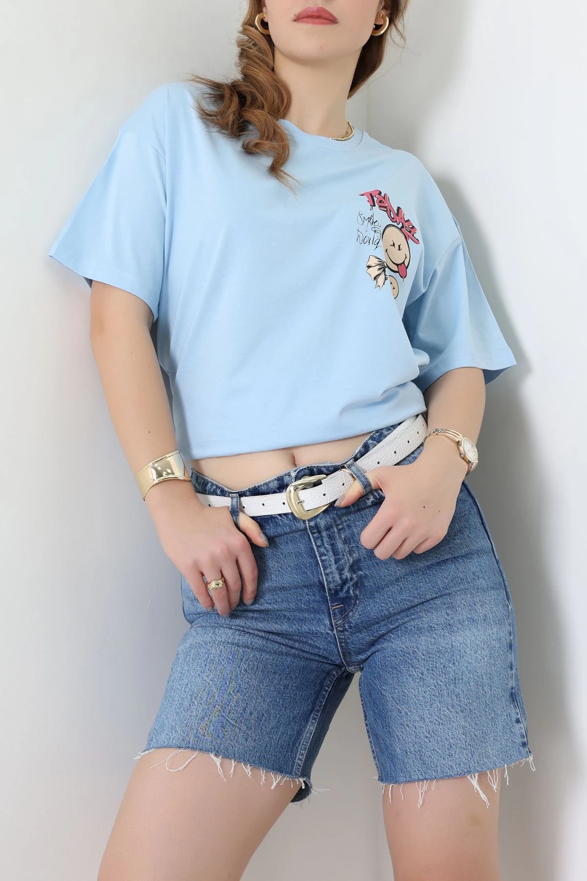 Baskılı Kompakt Penye Tişört Mavikırmızı - 55044.1872.